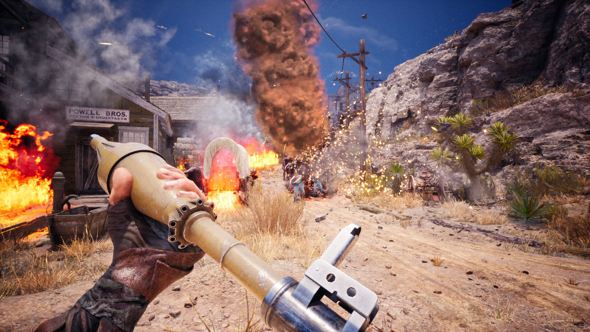 玩家手持步槍，瞄準遠處街道上的多個殭屍。