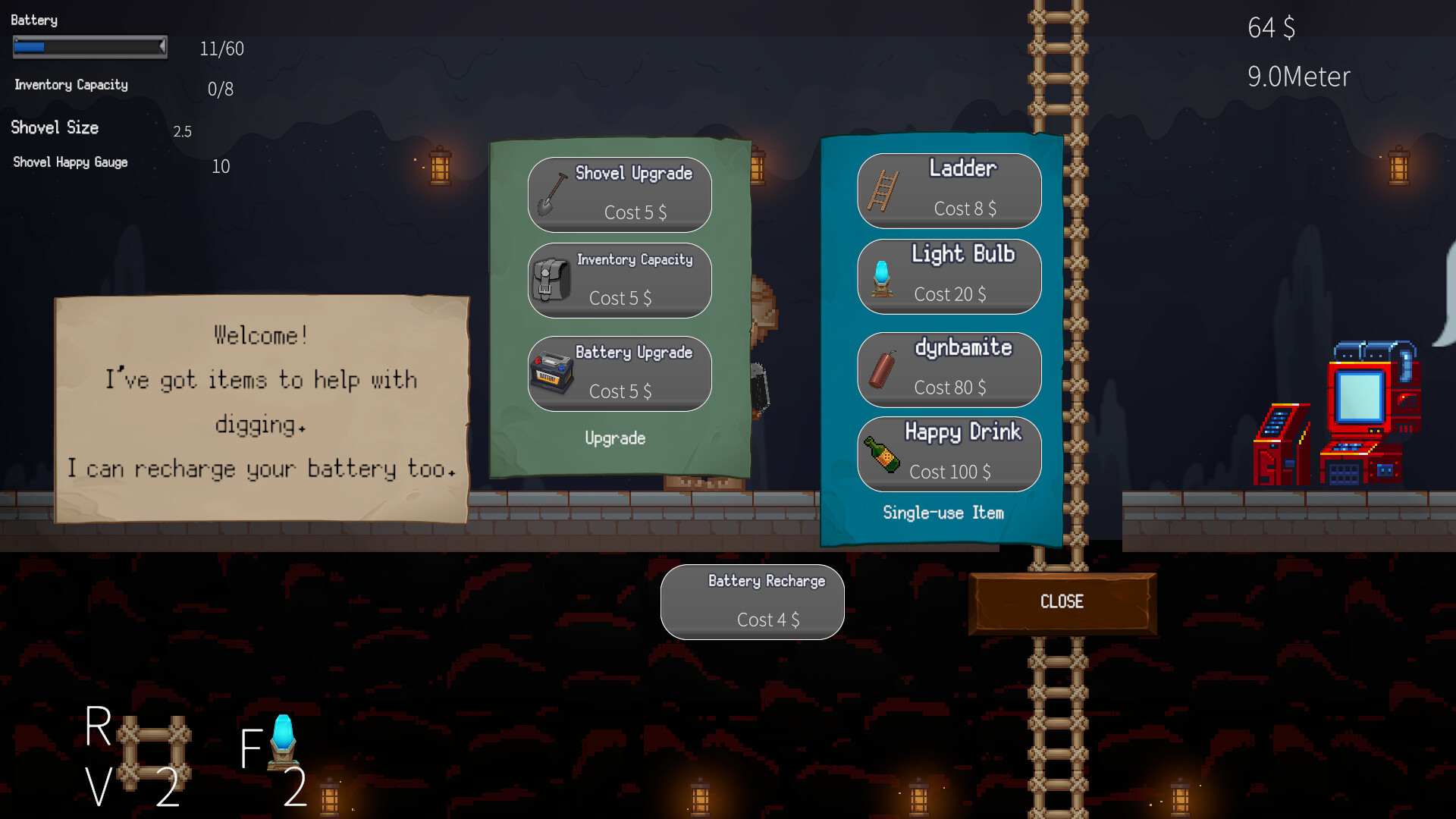 遊戲中的升級商店介面，可以升級電池、鏟子等裝備。