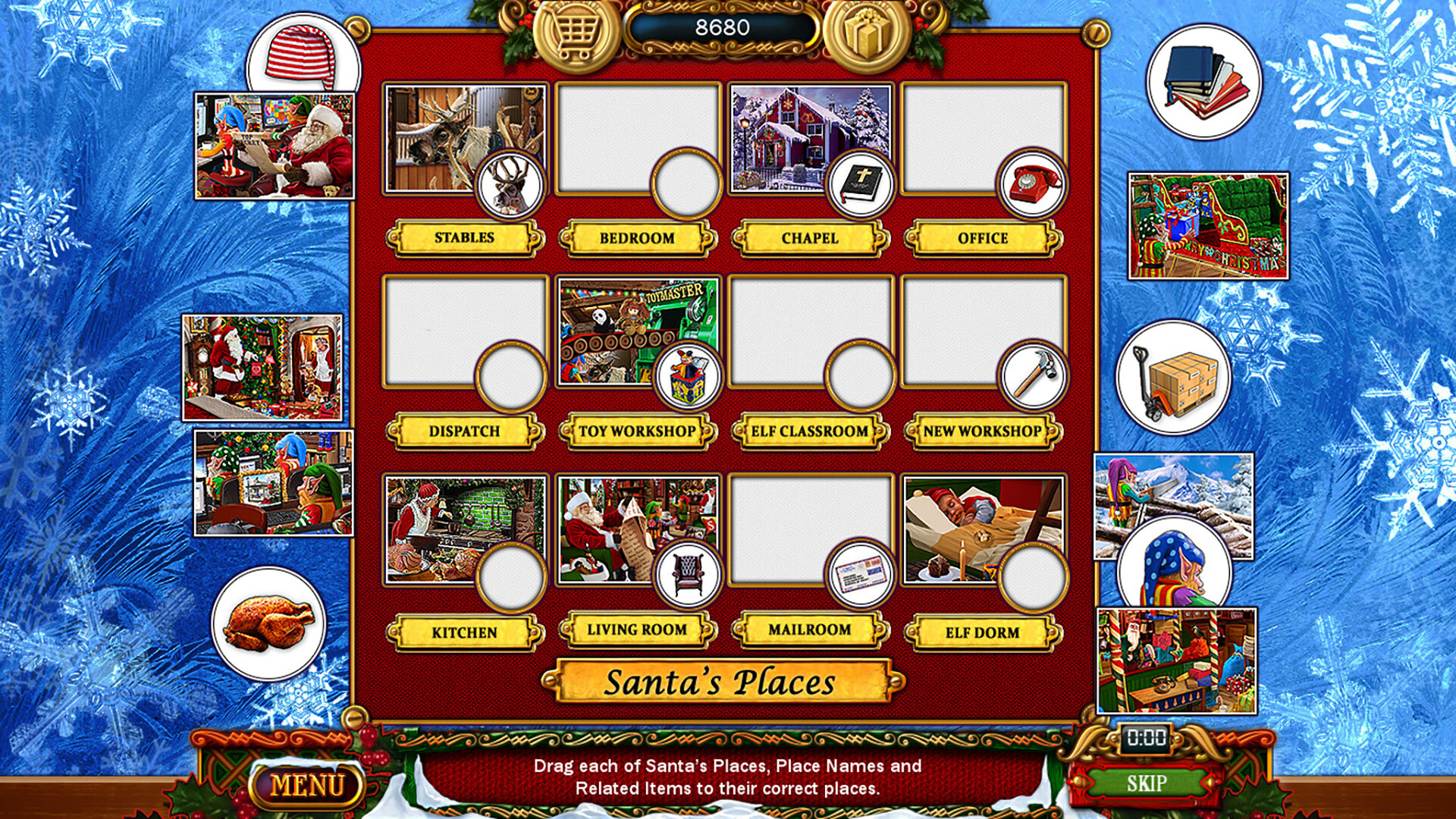 遊戲中充滿節慶氛圍的室內場景，壁爐中燃燒著溫暖的火焰。