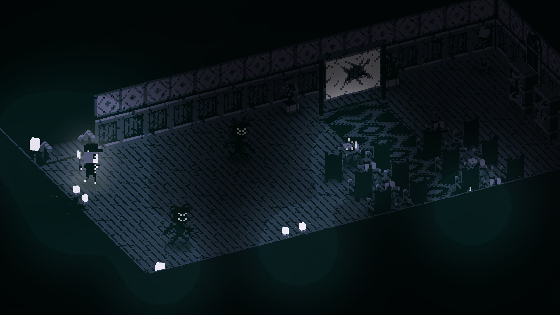 主角手持槍械，在黑暗的走廊中探索