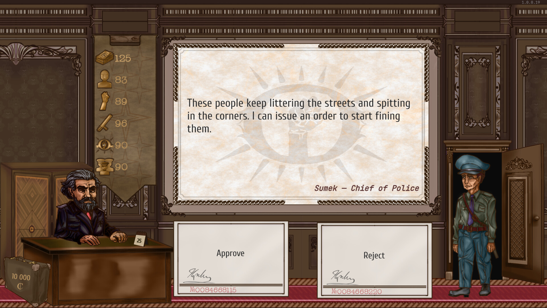 玩家與一位顧問或官員進行對話，面臨一個重要的決策。