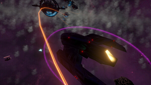 遊戲截圖，太空船正與一艘敵方船艦交戰，畫面中有雷射光束。