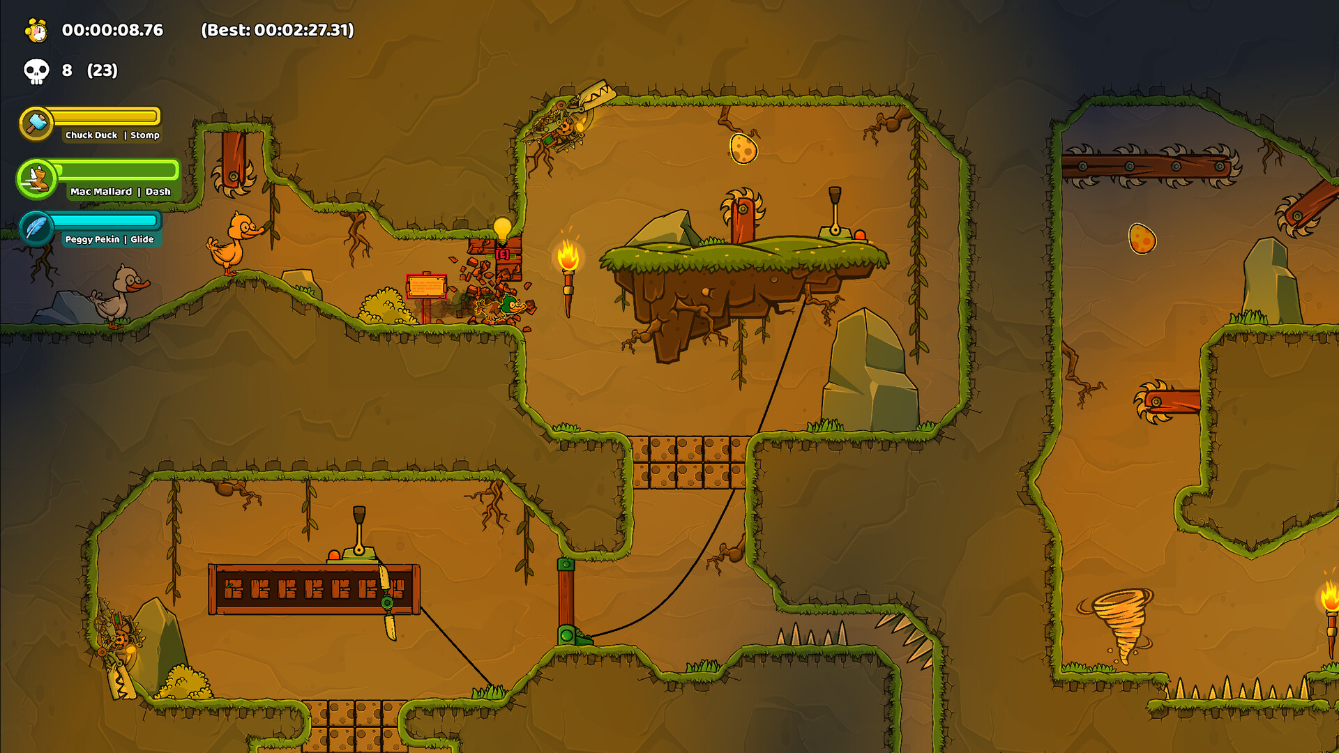 三隻鴨子主角同時出現在一個充滿機關的場景中。