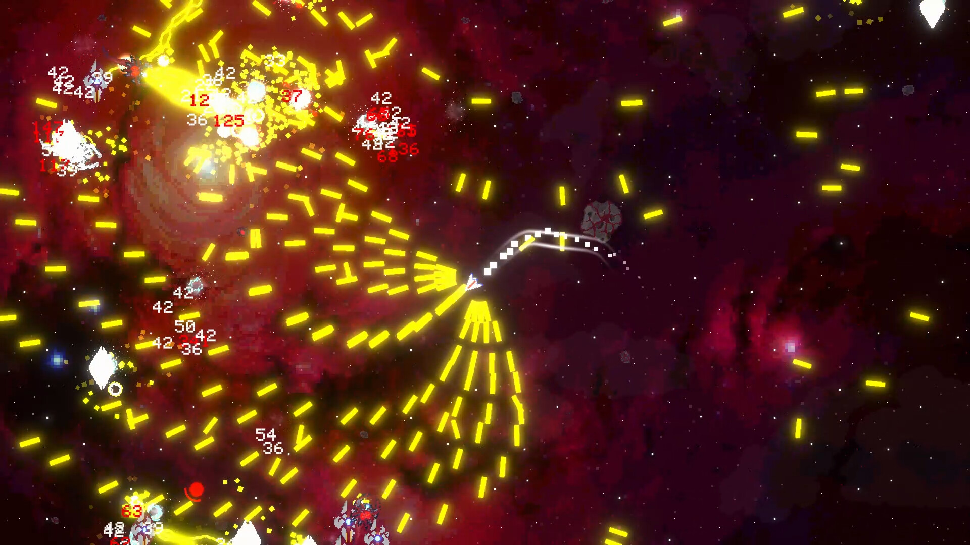 玩家的飛船被大量敵人包圍,展現了遊戲的彈幕射擊特性。