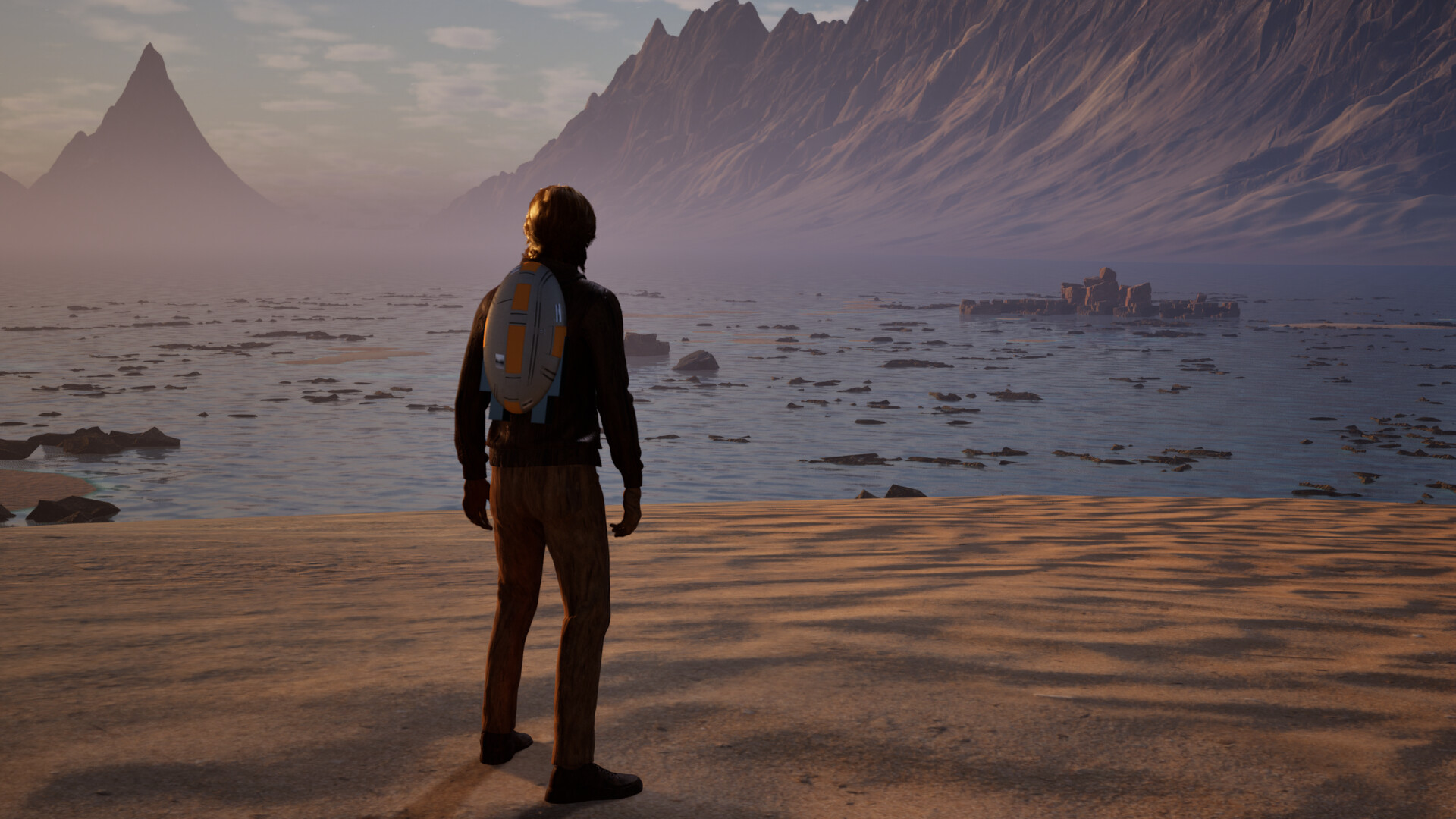 埃德加站在一個奇異的建築結構上，遠方是廣闊的雲海。