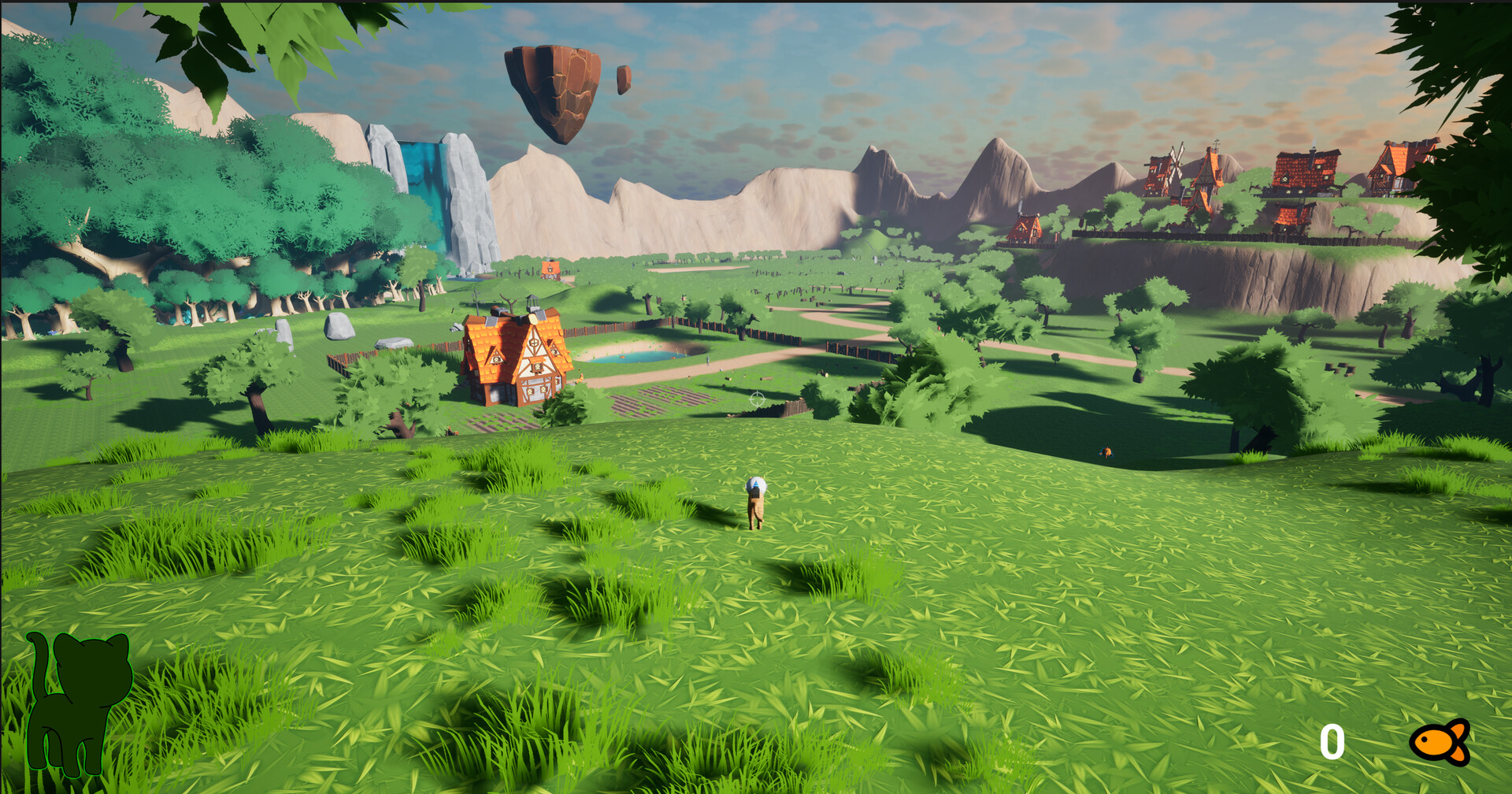 戴著帽子的主角貓卡特瑞克站在一個充滿活力的場景中。