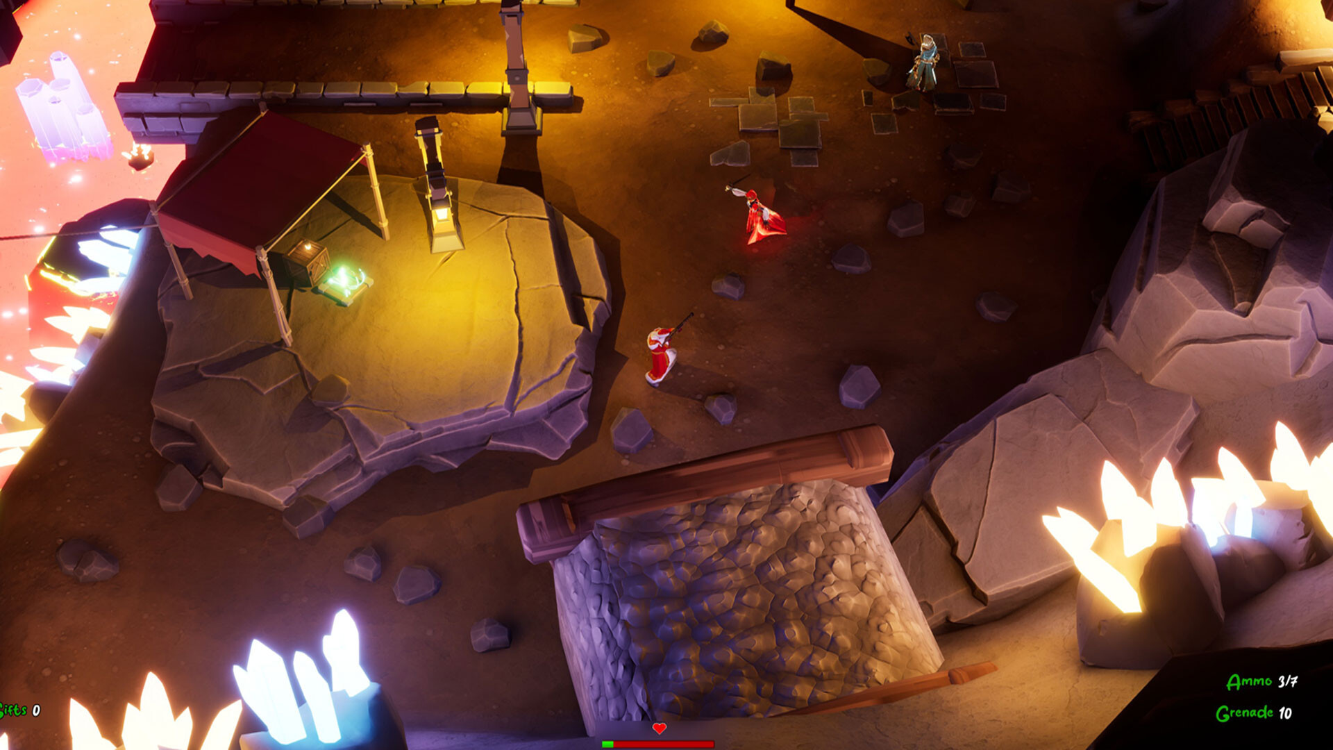 聖誕老人手持武器，面對前方的挑戰，展現了遊戲的冒險氛圍。