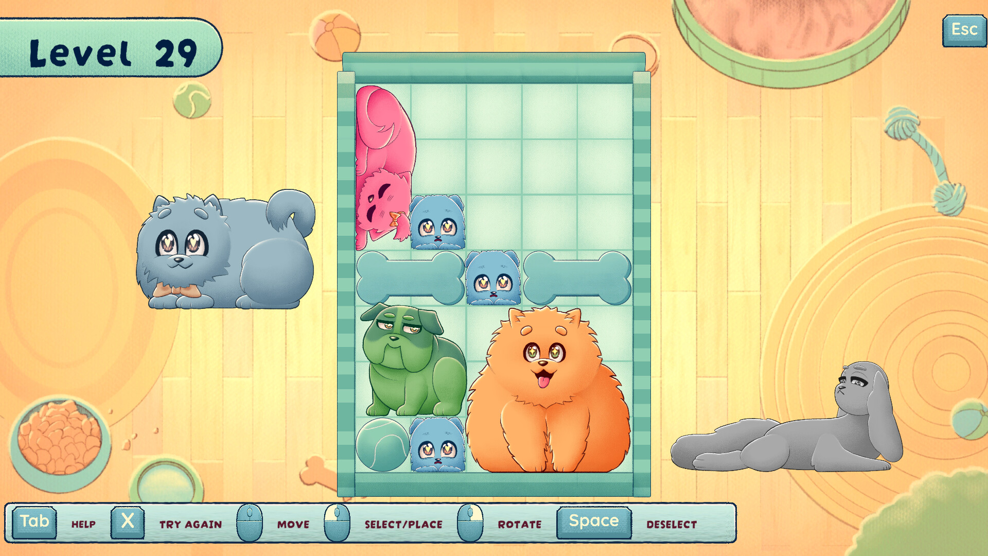 遊戲實際畫面，玩家需要將左側不同形狀的狗狗們拖曳至右側的狗床上。