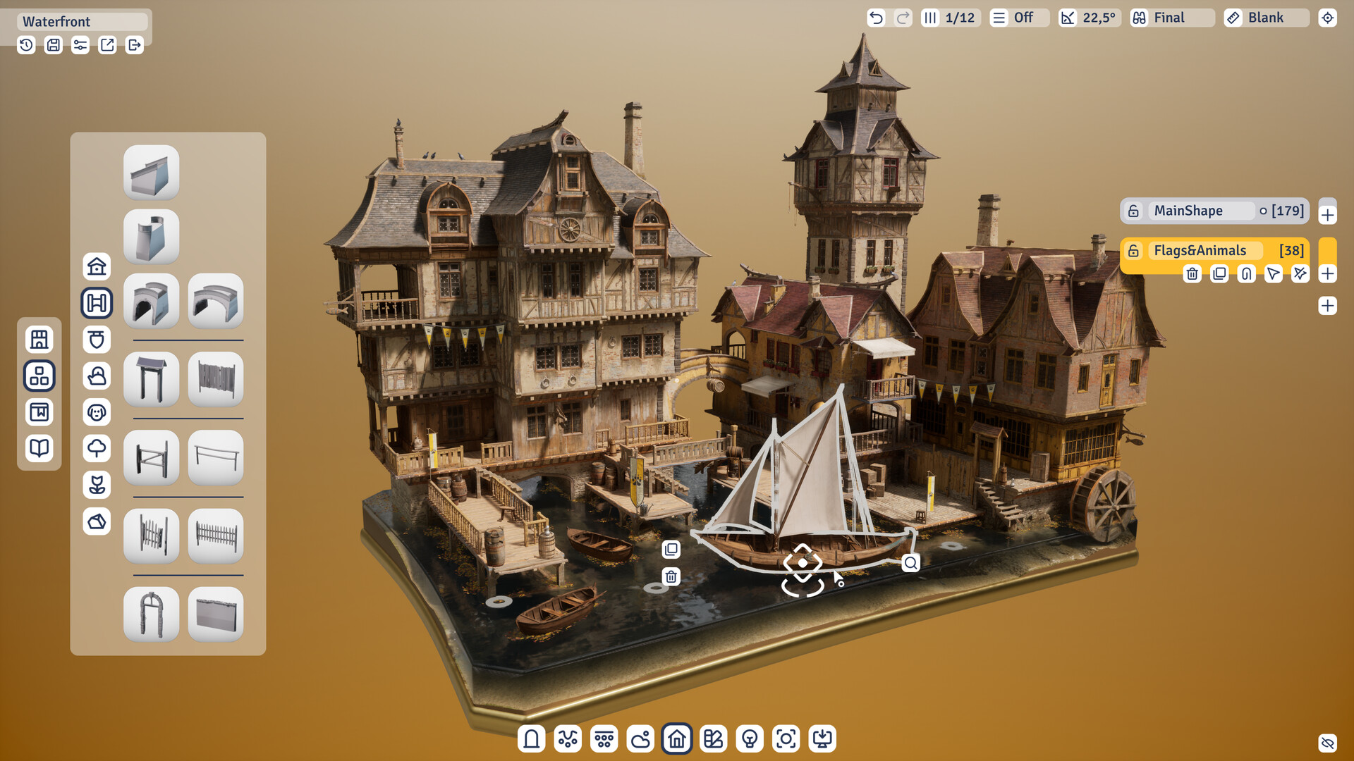 一座帶有石橋和木屋的寧靜村莊，周圍環繞著茂密的森林和清澈的河流。