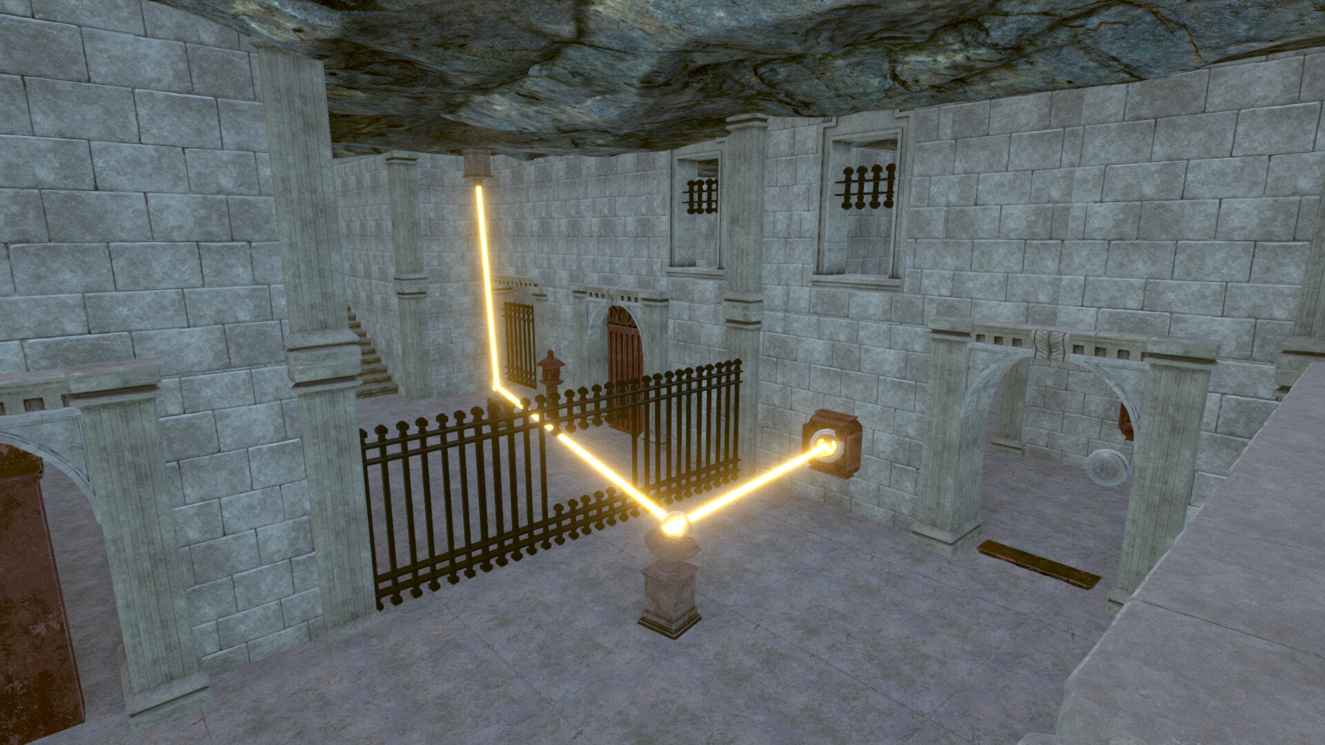 遊戲中一個複雜的機械裝置,帶有發光的符號和可移動的部件。