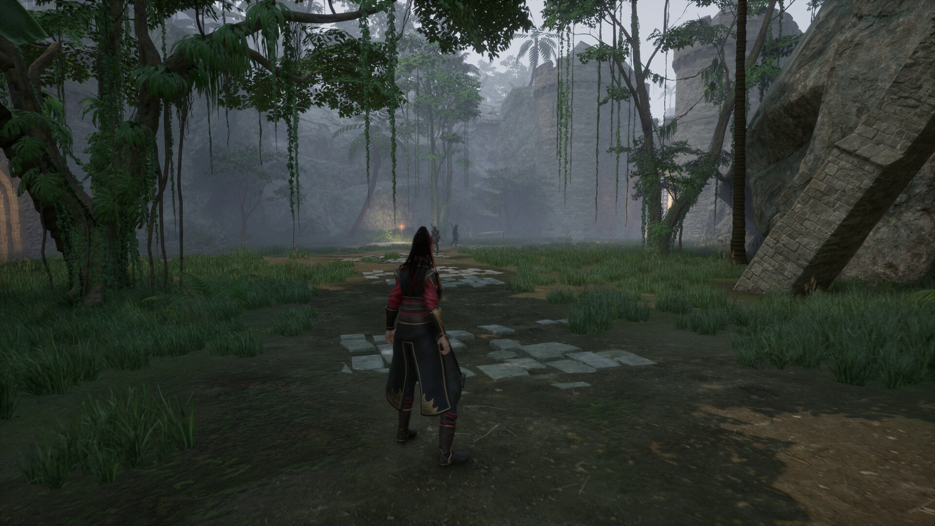 主角Zoe站在懸崖邊,遠眺被巨大植物覆蓋的奇幻山谷。