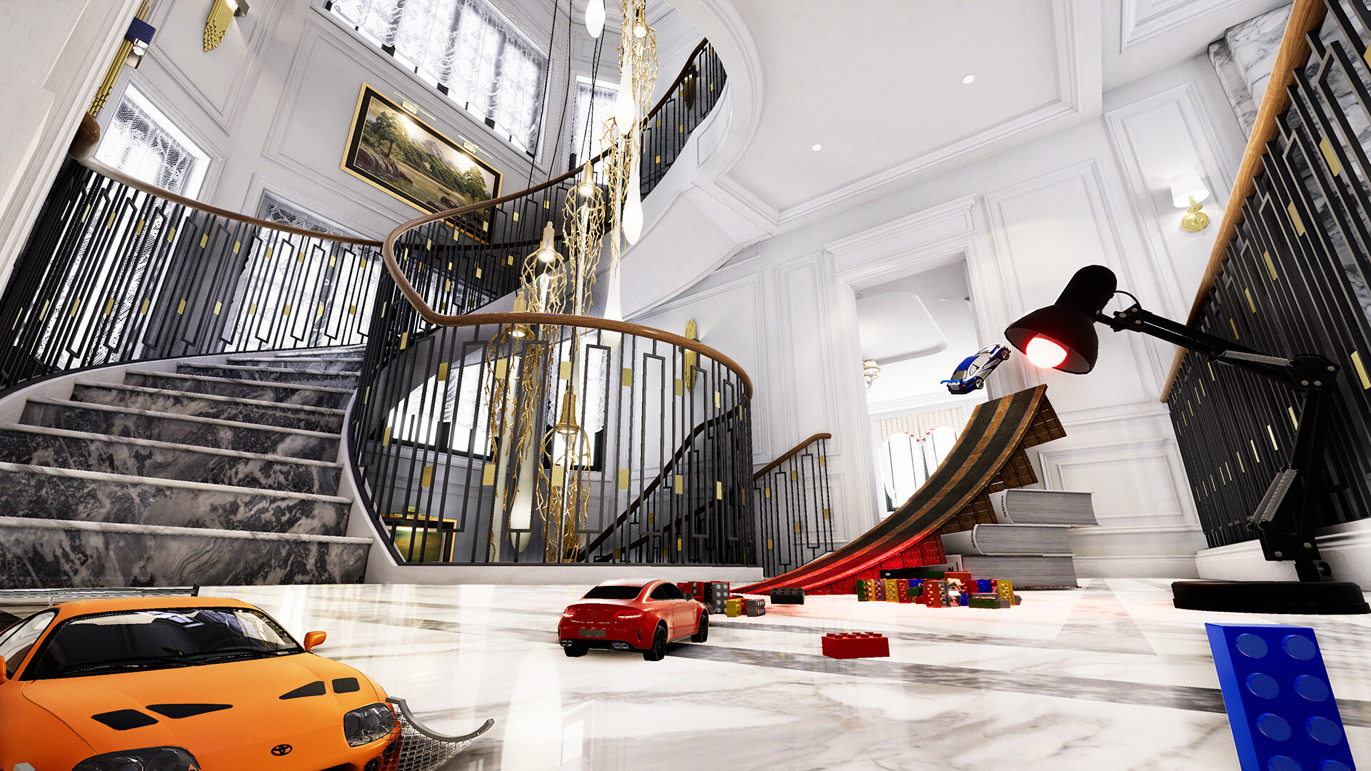 一輛遙控車在一個充滿障礙物的室內場景中漂移,展示了駕駛的自由度。