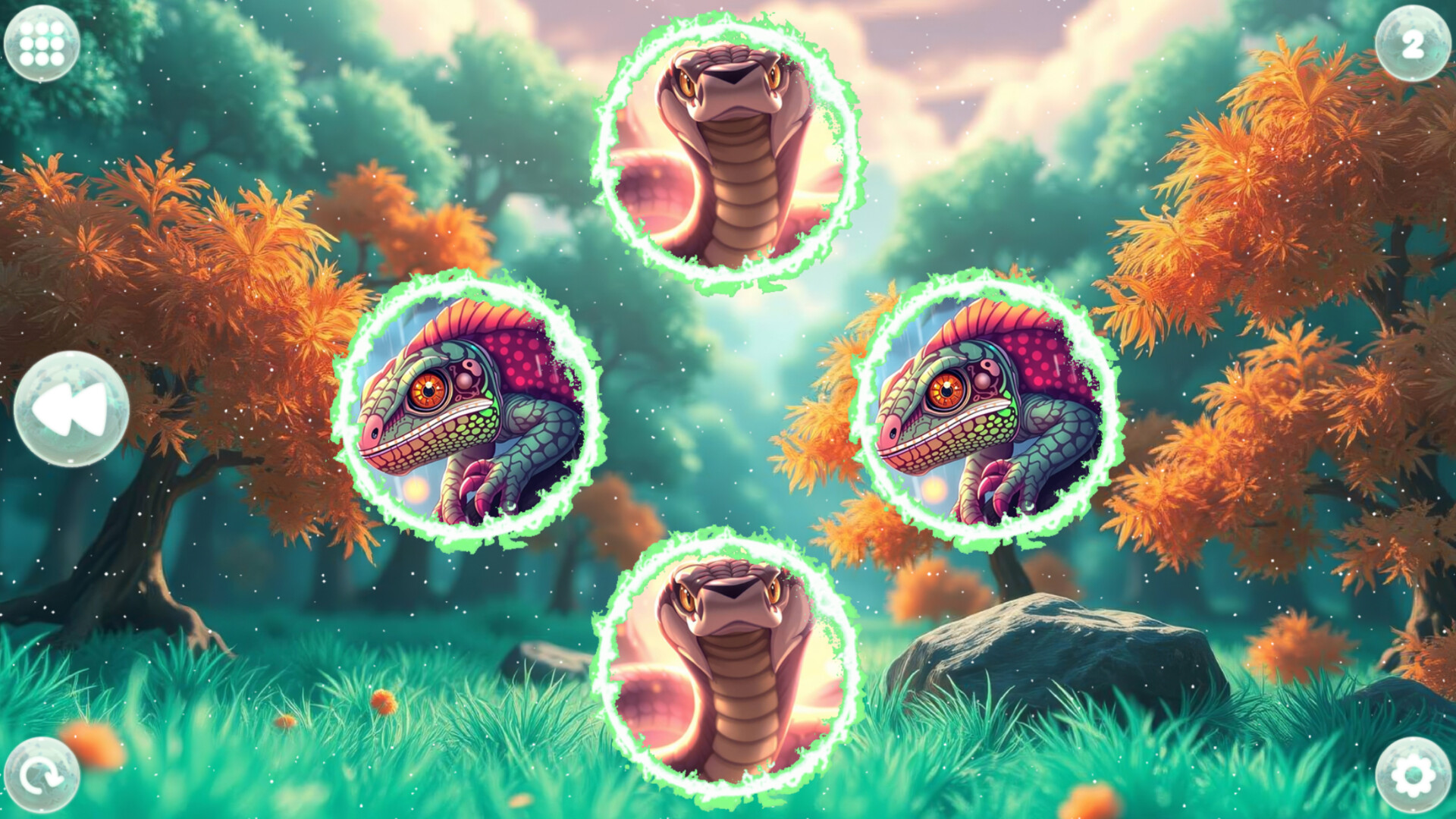 動漫風格的爬行動物卡牌配對遊戲畫面