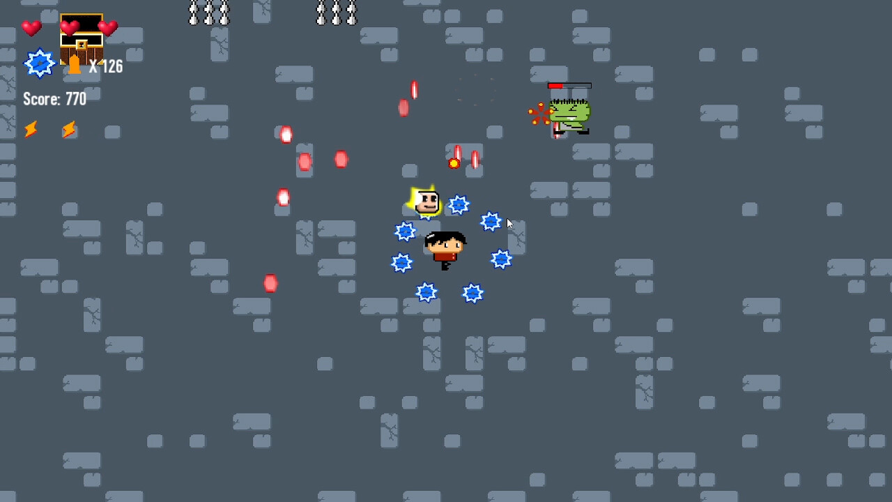 主角手持武器，在充滿像素風格的房間內與敵人激烈交火。