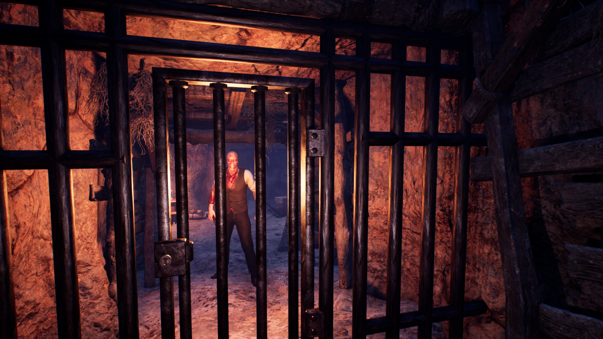 一個詭異的房間內部,牆上掛著面具。