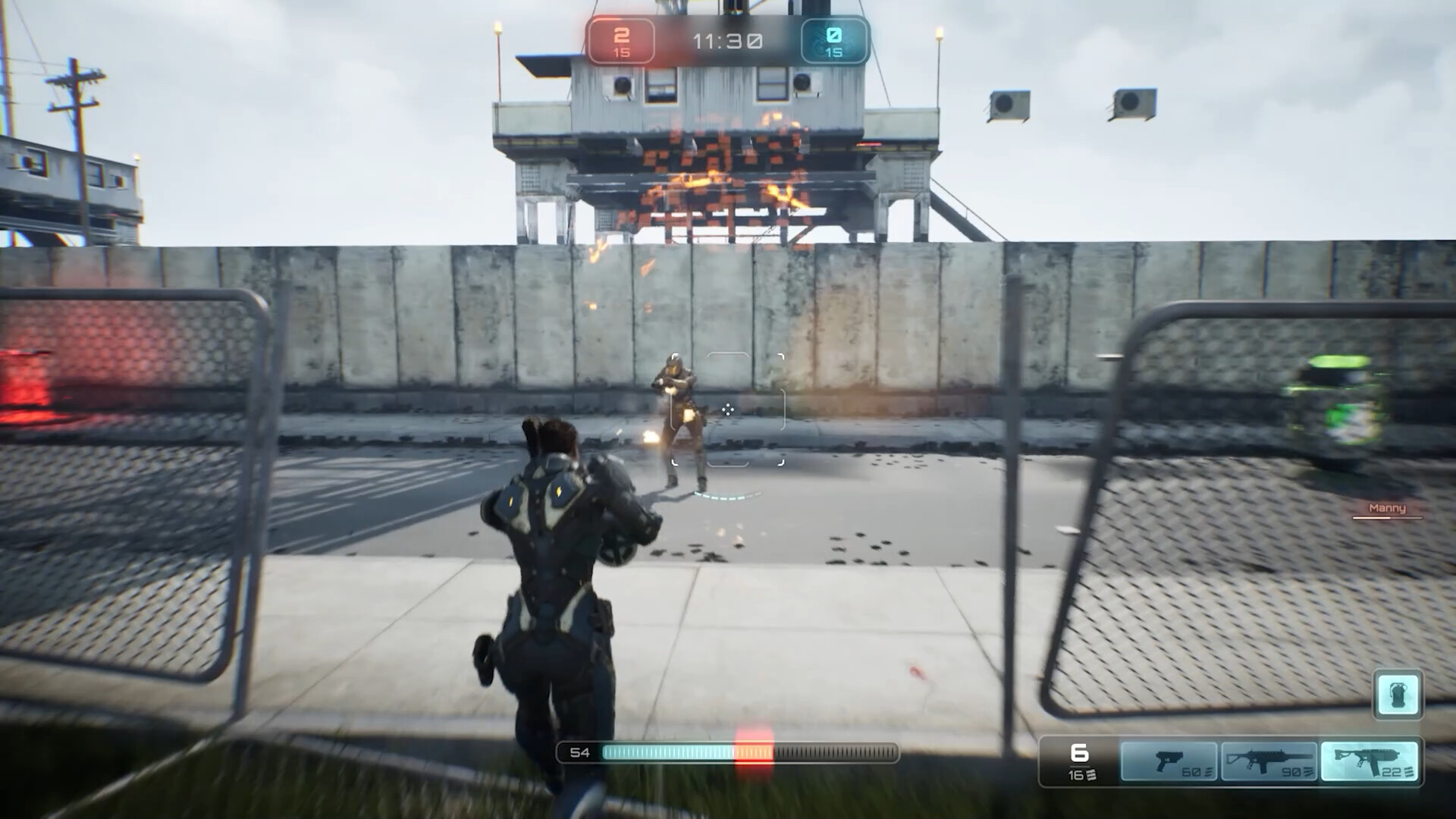 角色在一個充滿科技感的室內環境中與敵人交火，展現了不同的場景風格。