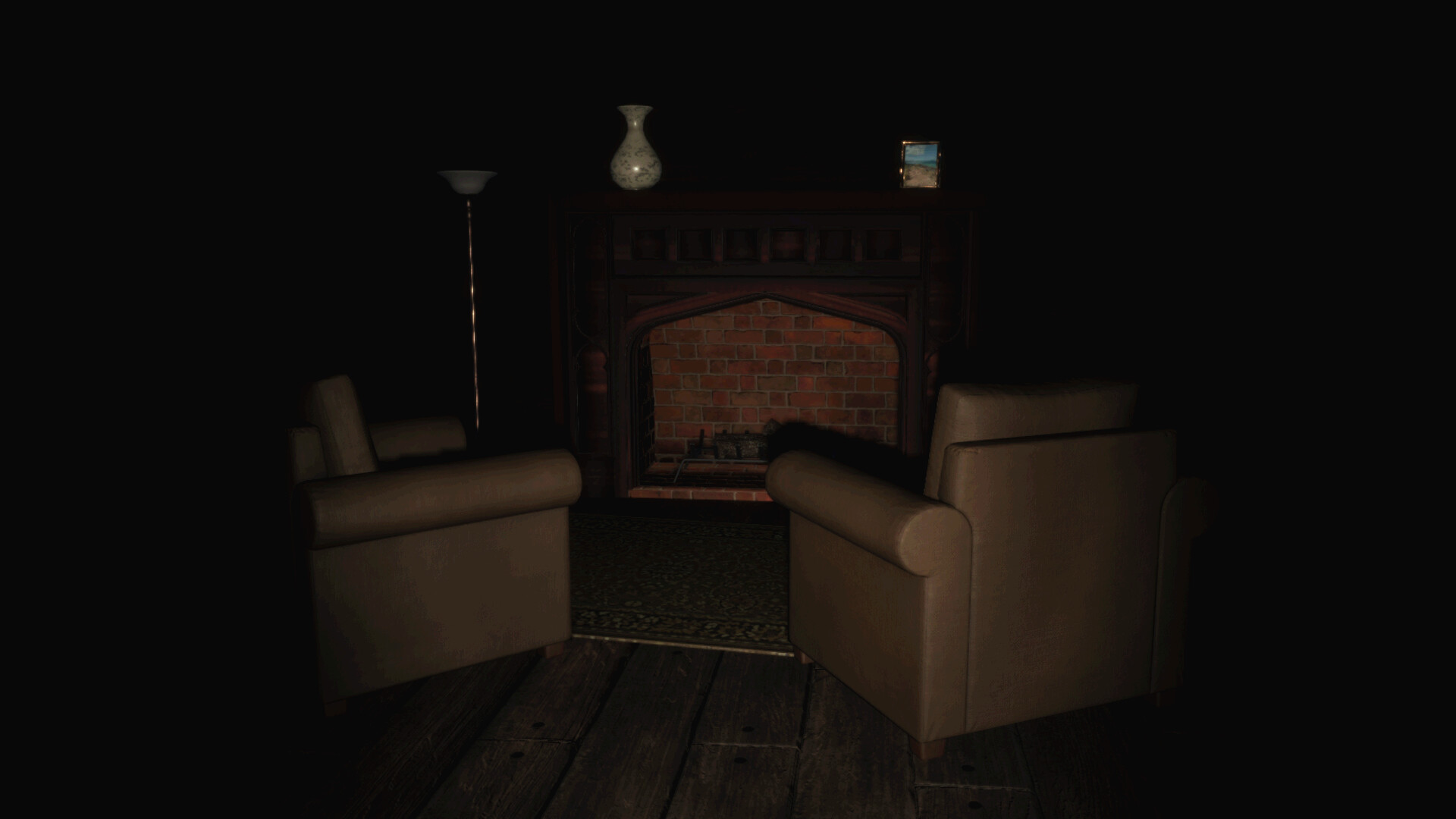 木屋的客廳，壁爐雖然熄滅，但仍能感受到過去生活的餘溫。