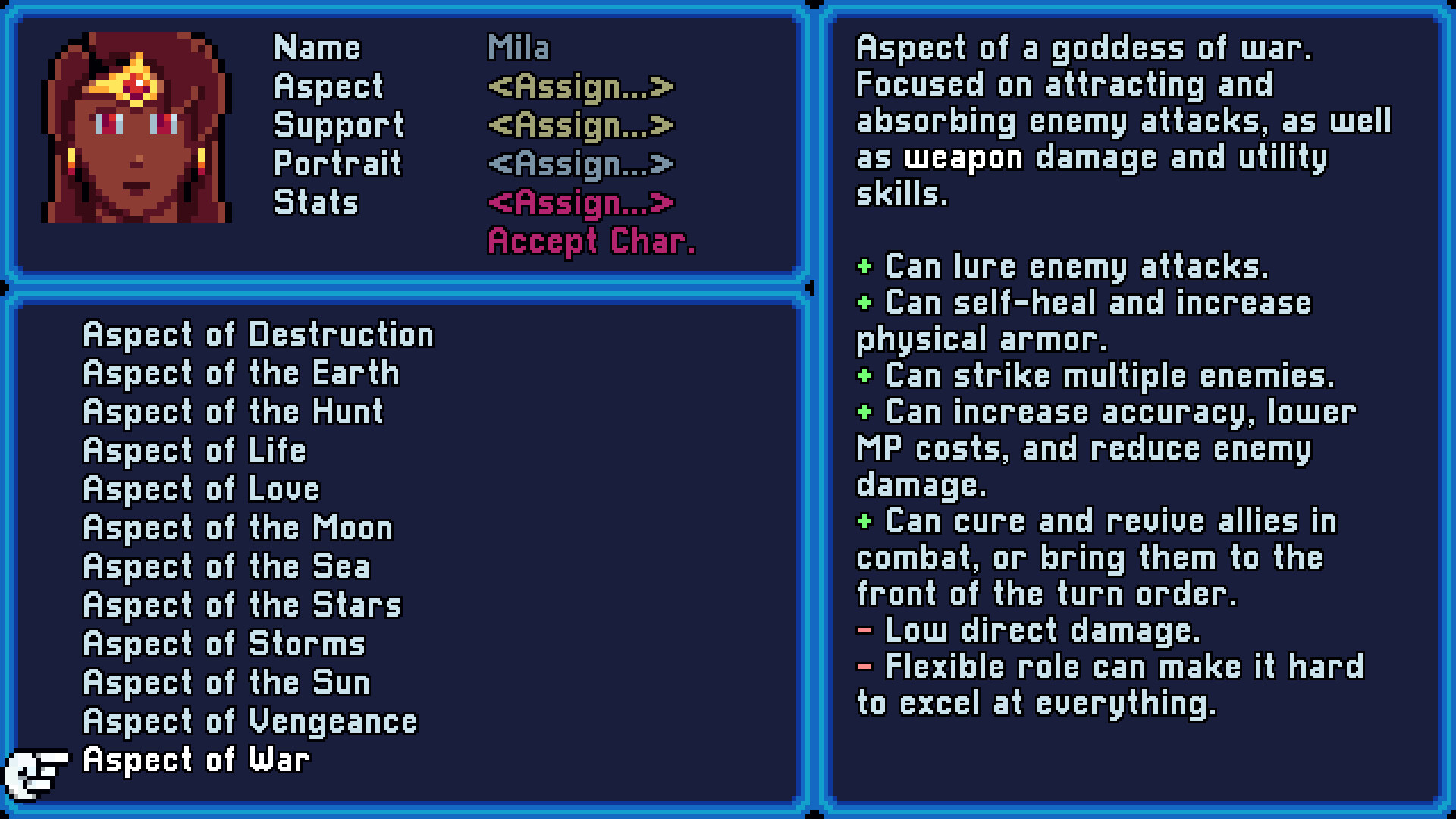 角色創建介面，玩家正在選擇角色的職業和能力。