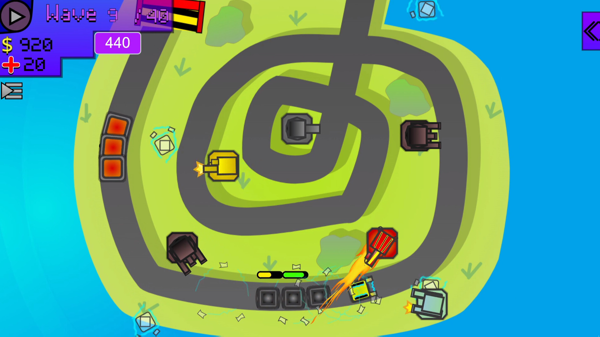 遊戲介面清晰地展示了可用的防禦塔、資源以及戰場狀況。