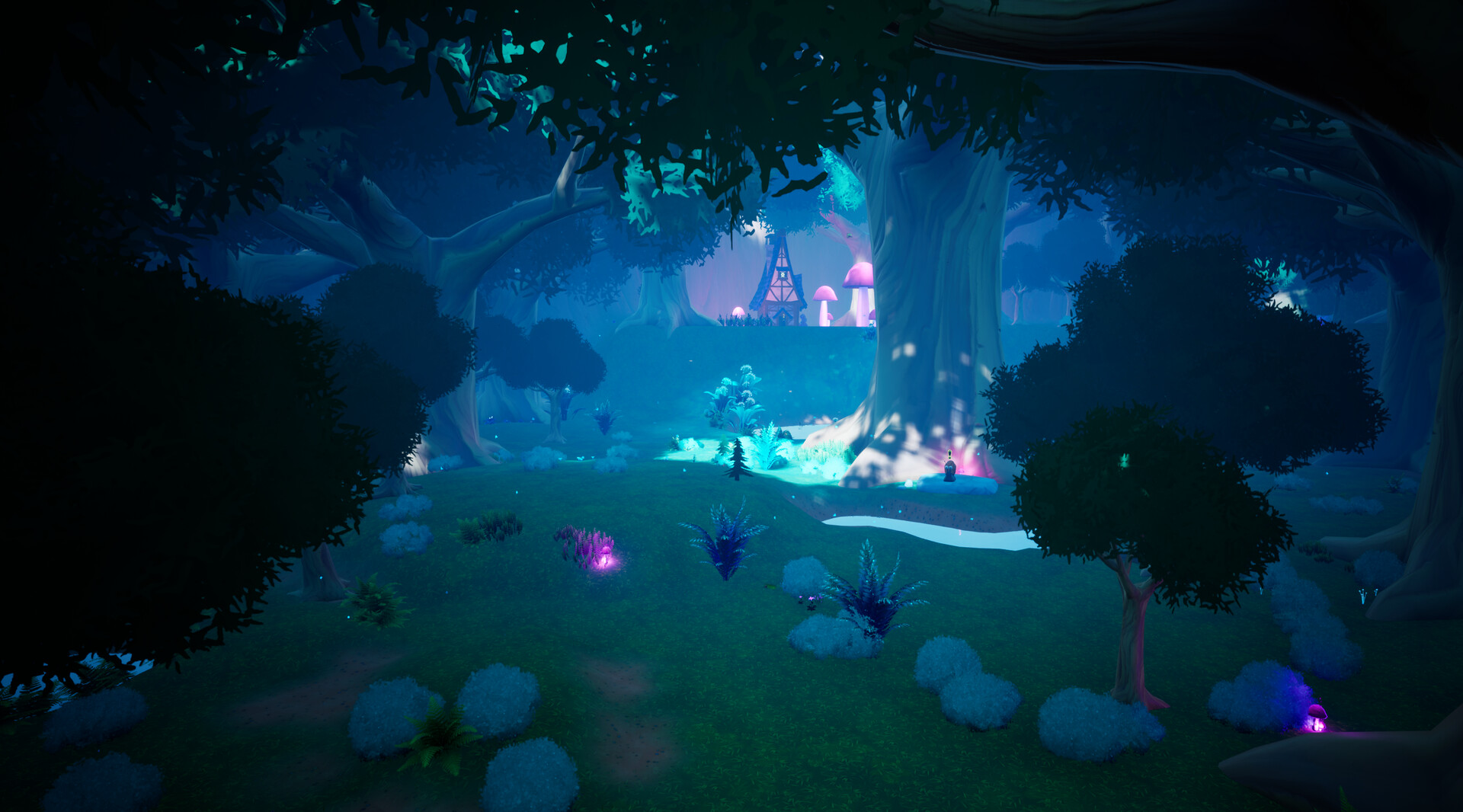 主角貓站在一個有著巨大植物和發光物體的奇幻森林中。