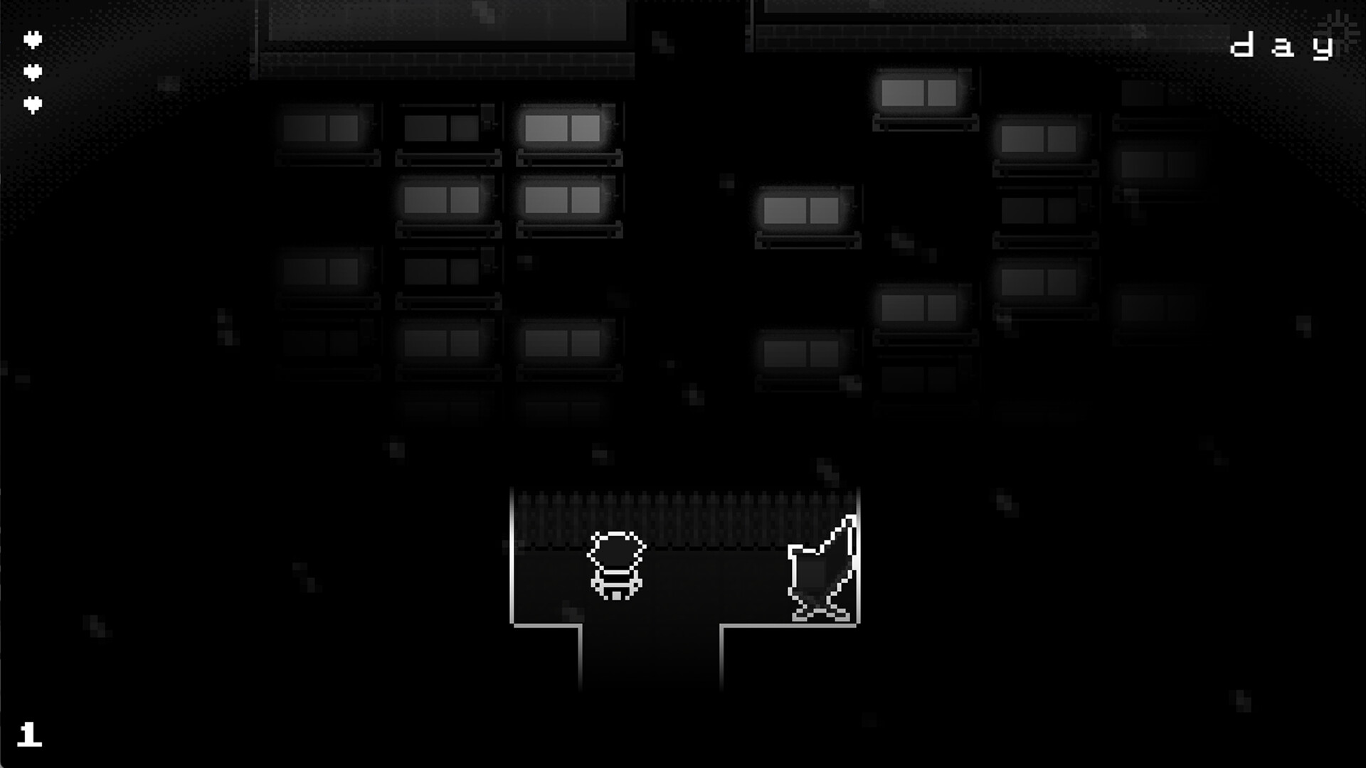 遊戲中的一個場景,展示了其獨特的像素藝術風格和憂鬱的氛圍。