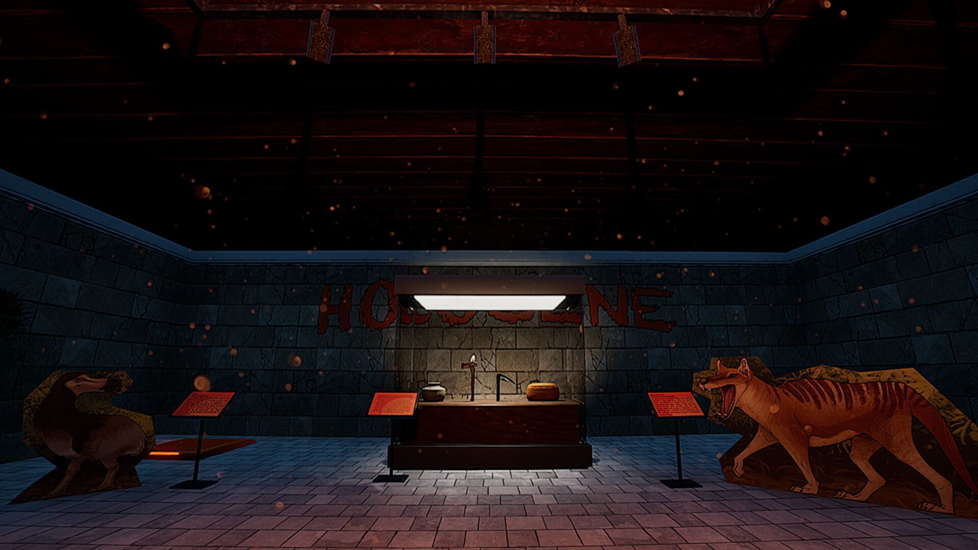 玩家視角,手持攝影機在昏暗的博物館走廊中探索