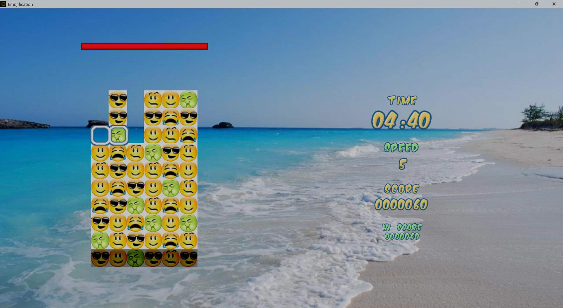 另一個遊戲場景,顯示了不同的表情符號組合和背景設計。