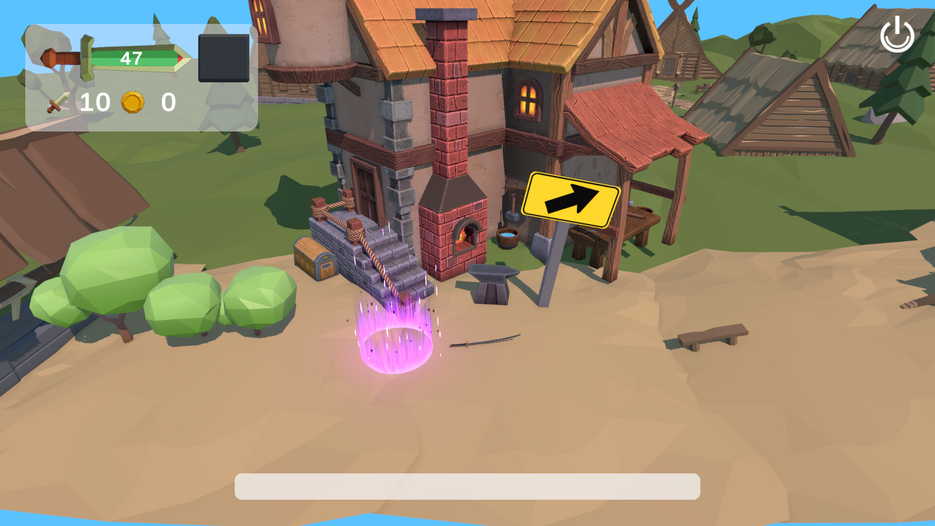 劍在一個充滿綠色植物和木質結構的場景中前進。