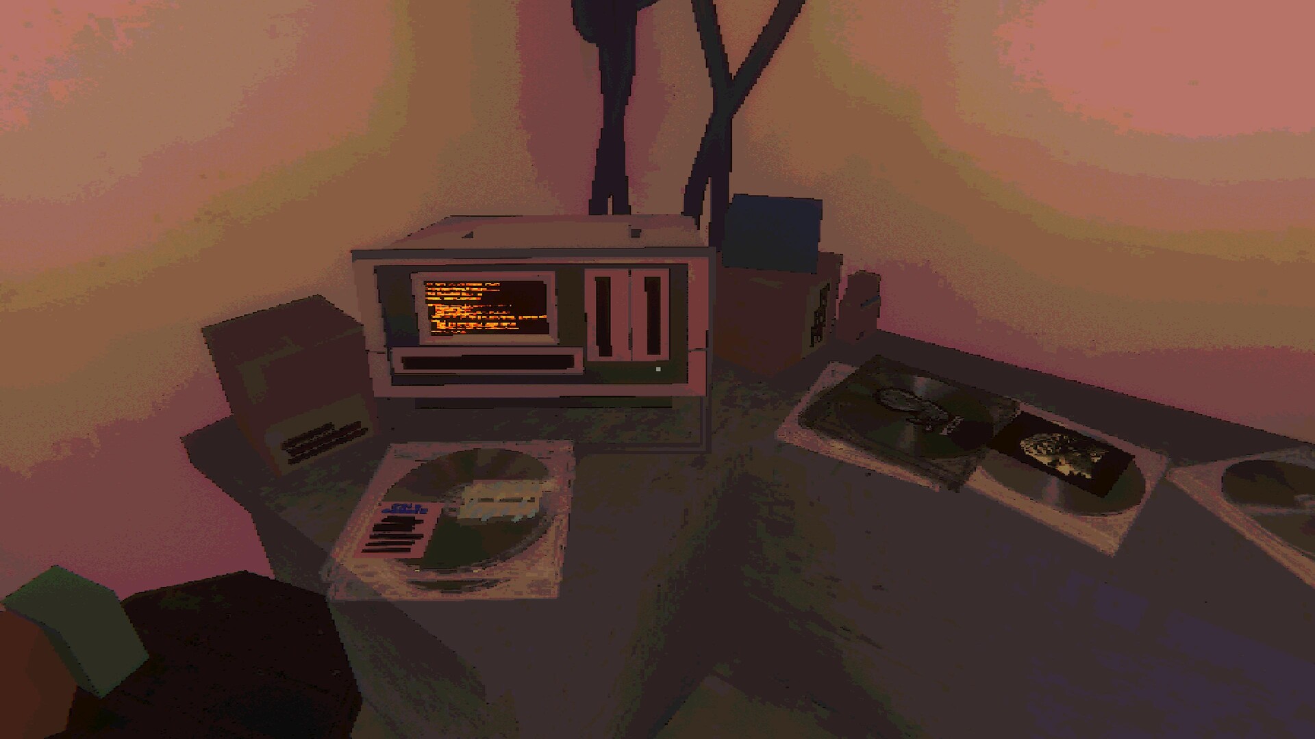 一個抽象的室內空間，牆壁和地板由發光的彩色方塊構成。