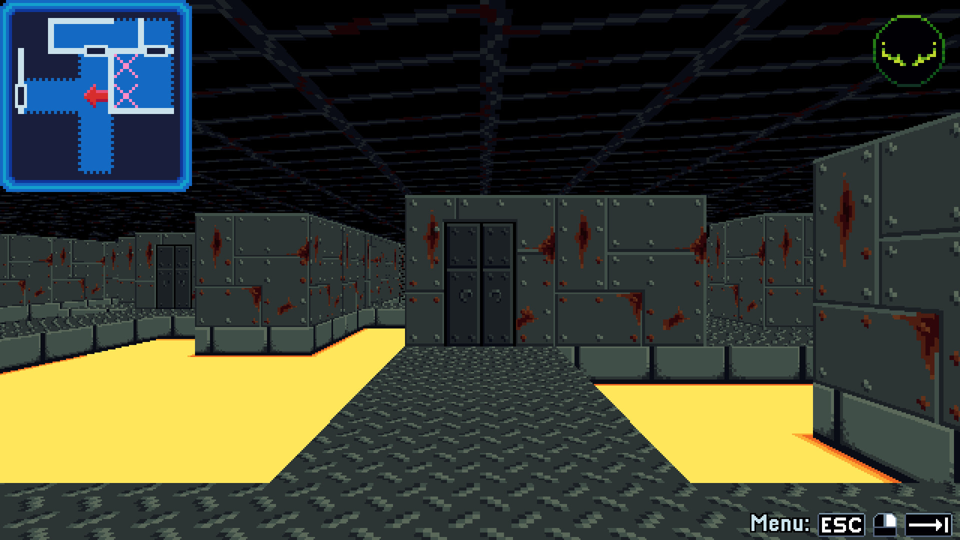 遊戲中第一人稱視角的迷宮探索場景，前方是一座金屬橋。