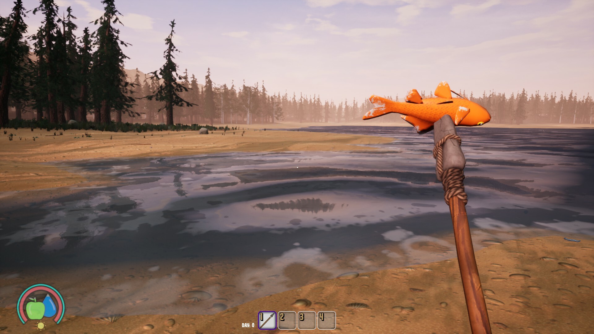 兩名玩家角色在森林中的一條小溪旁