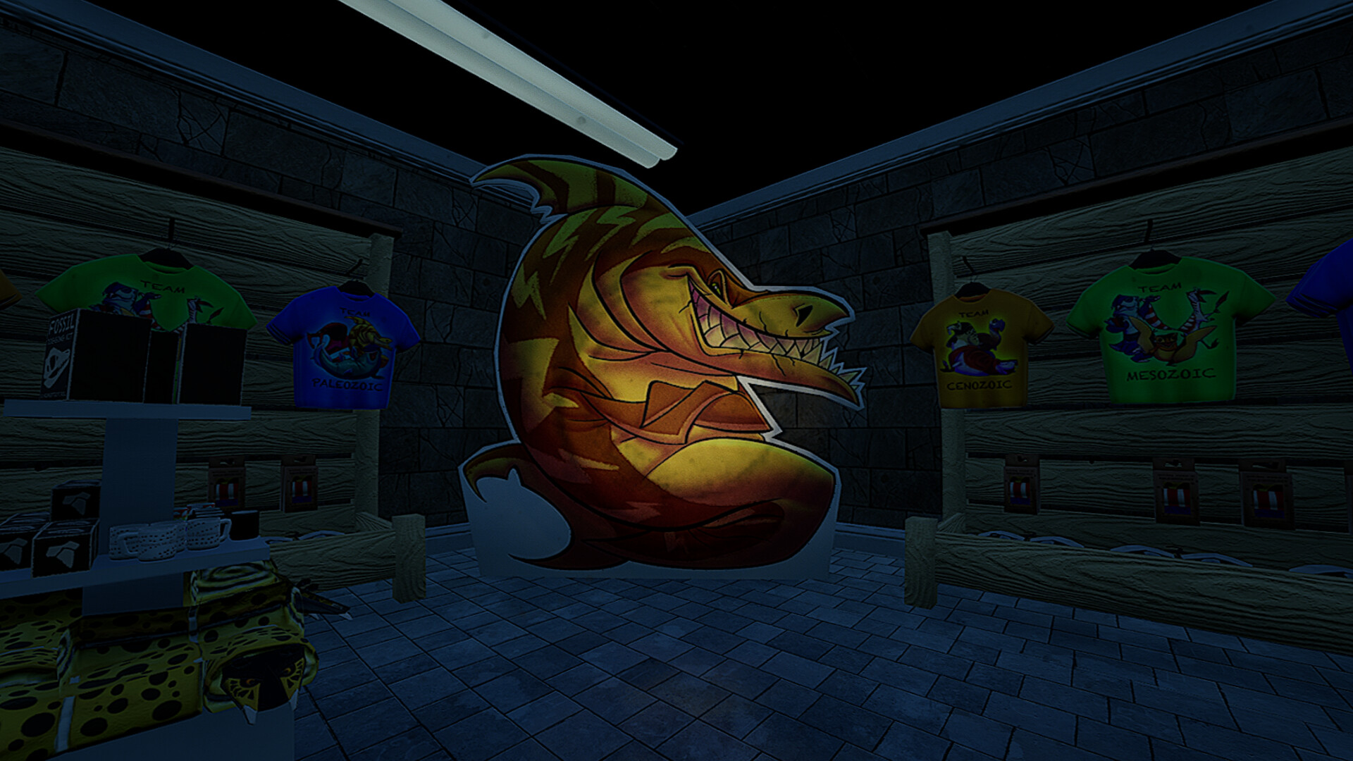 一個巨大的史前生物頭骨展品,在黑暗中顯得十分嚇人