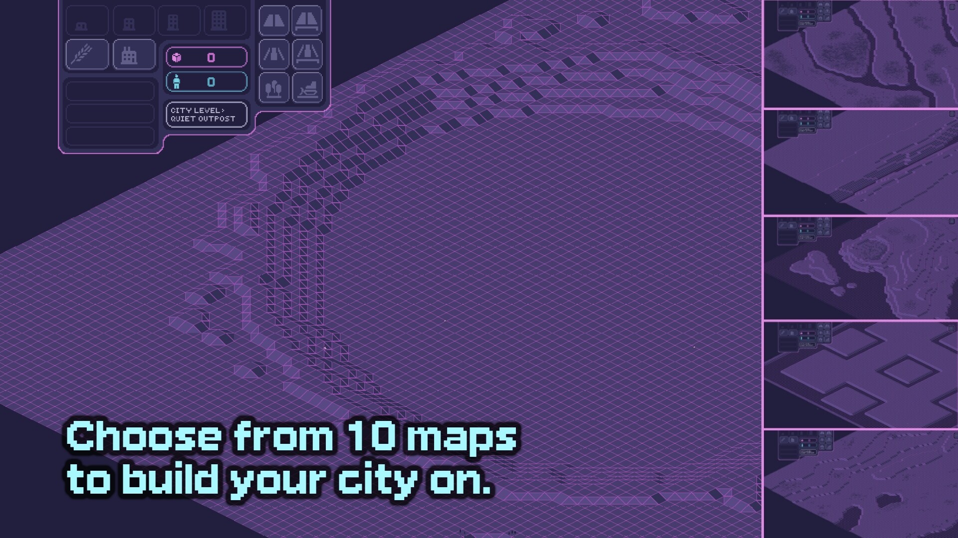 一座精心佈局的像素城市，展現了遊戲豐富的建築細節和規劃自由度。