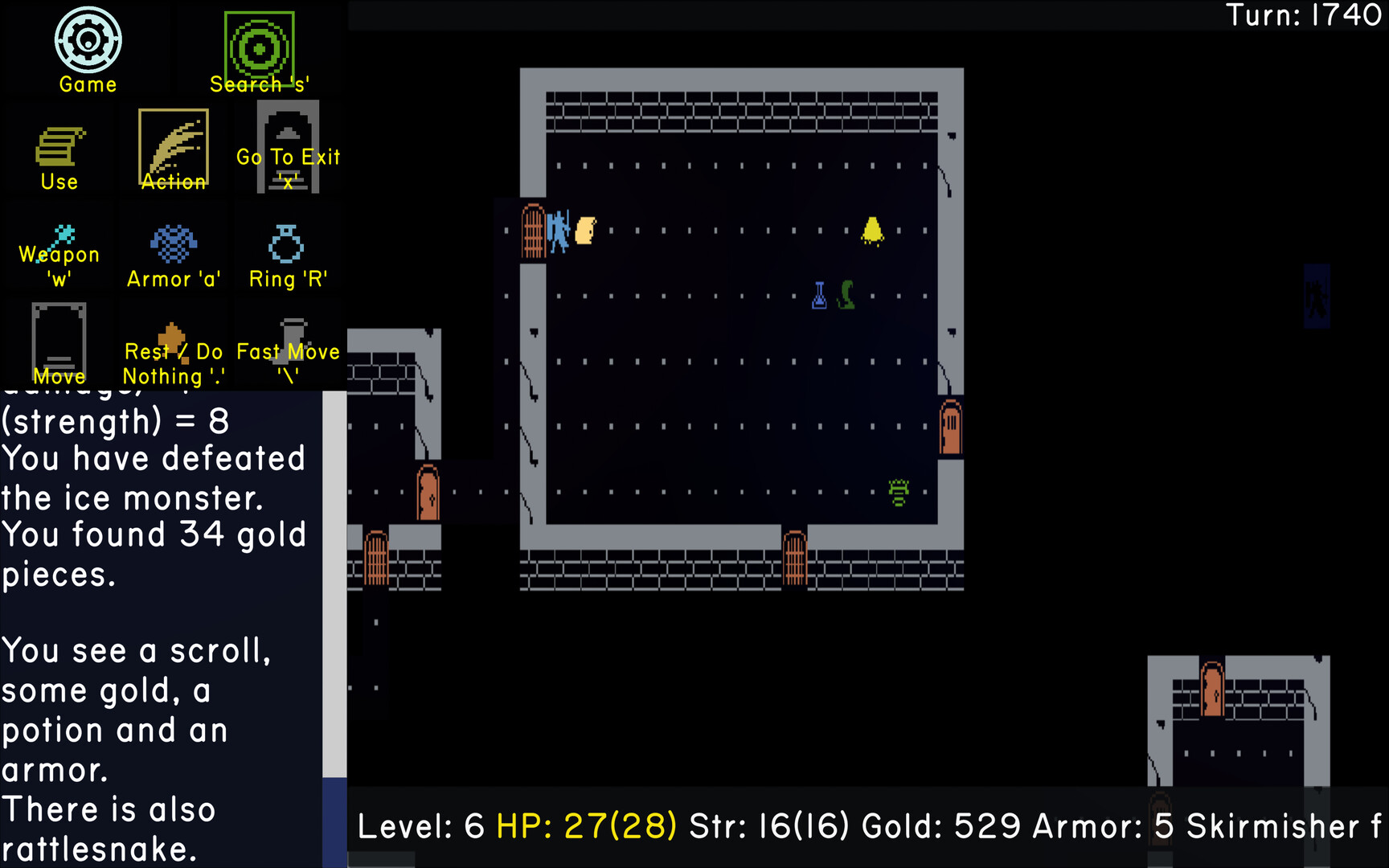 遊戲中的角色正處於一個房間內，周圍有牆壁和通道，地面上散落著物品。