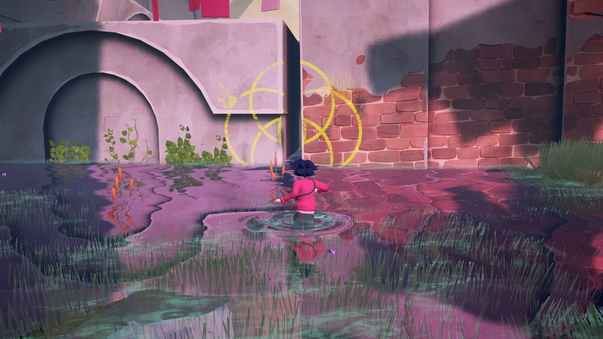 遊戲中一個風格化的場景,展現了獨特的建築和色彩運用。