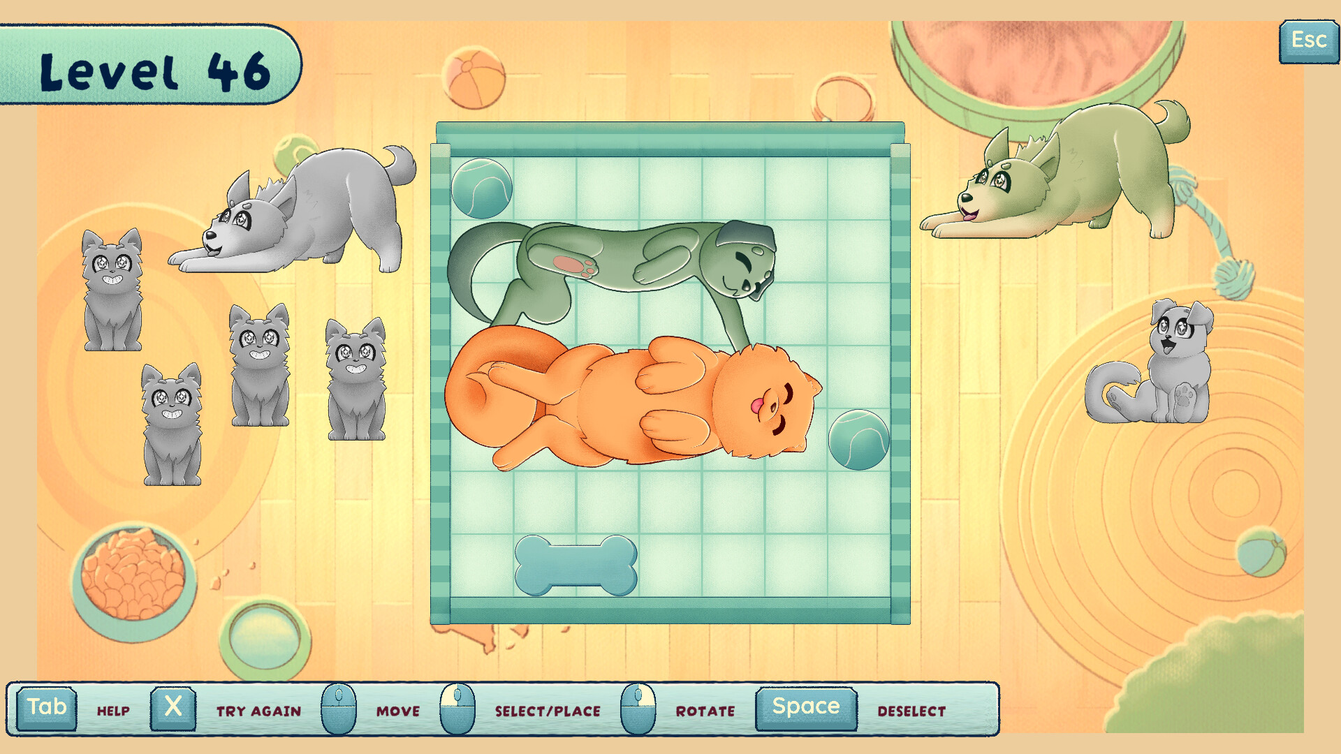 一個接近完成的關卡，狗狗們和諧地躺在一起，填滿了整個狗床。