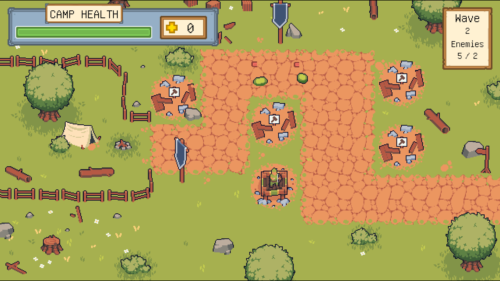 遊戲戰鬥畫面,玩家需要建造防禦塔來抵禦史萊姆的進攻。