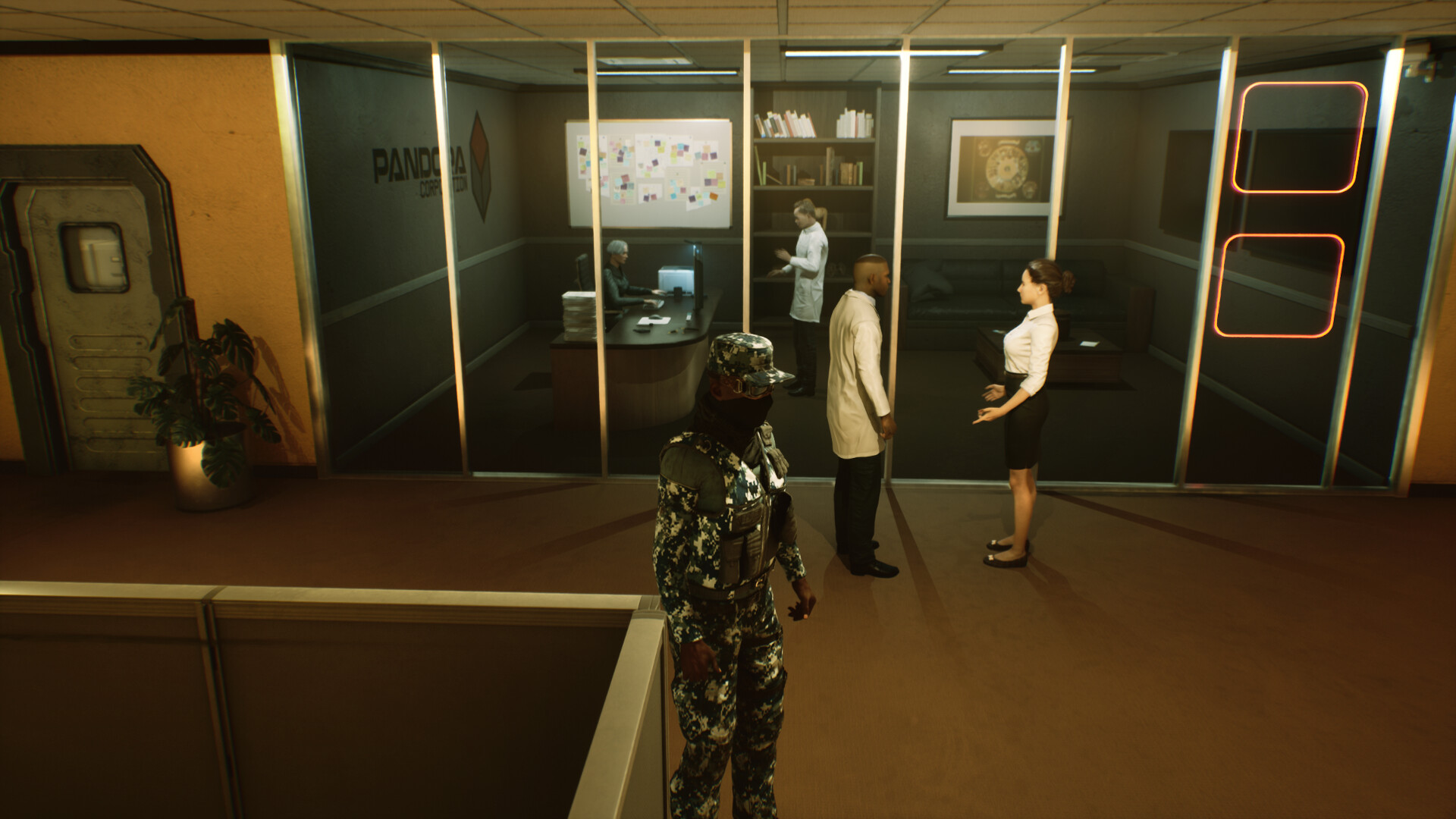 一個風格迥異的場景，角色站在一個有著巨大圓形穹頂和古典立柱的大廳中。