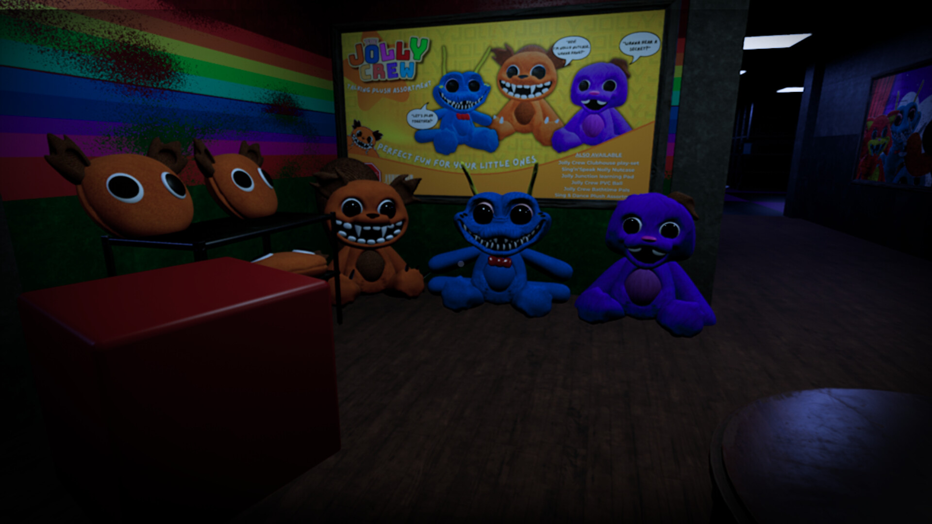 一個巨大的黃色角色在黑暗中若隱若現，充滿威脅。