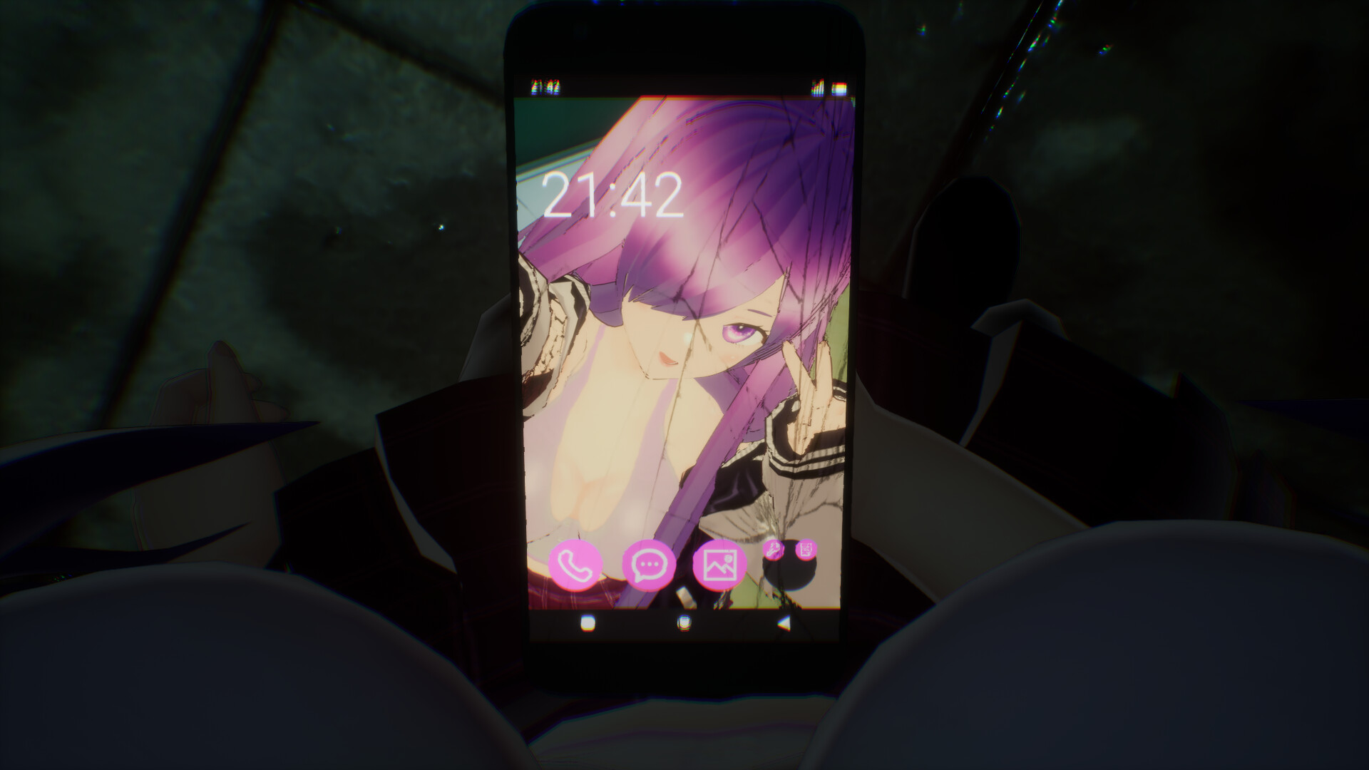 遊戲畫面顯示春日正在用手機查看訊息。