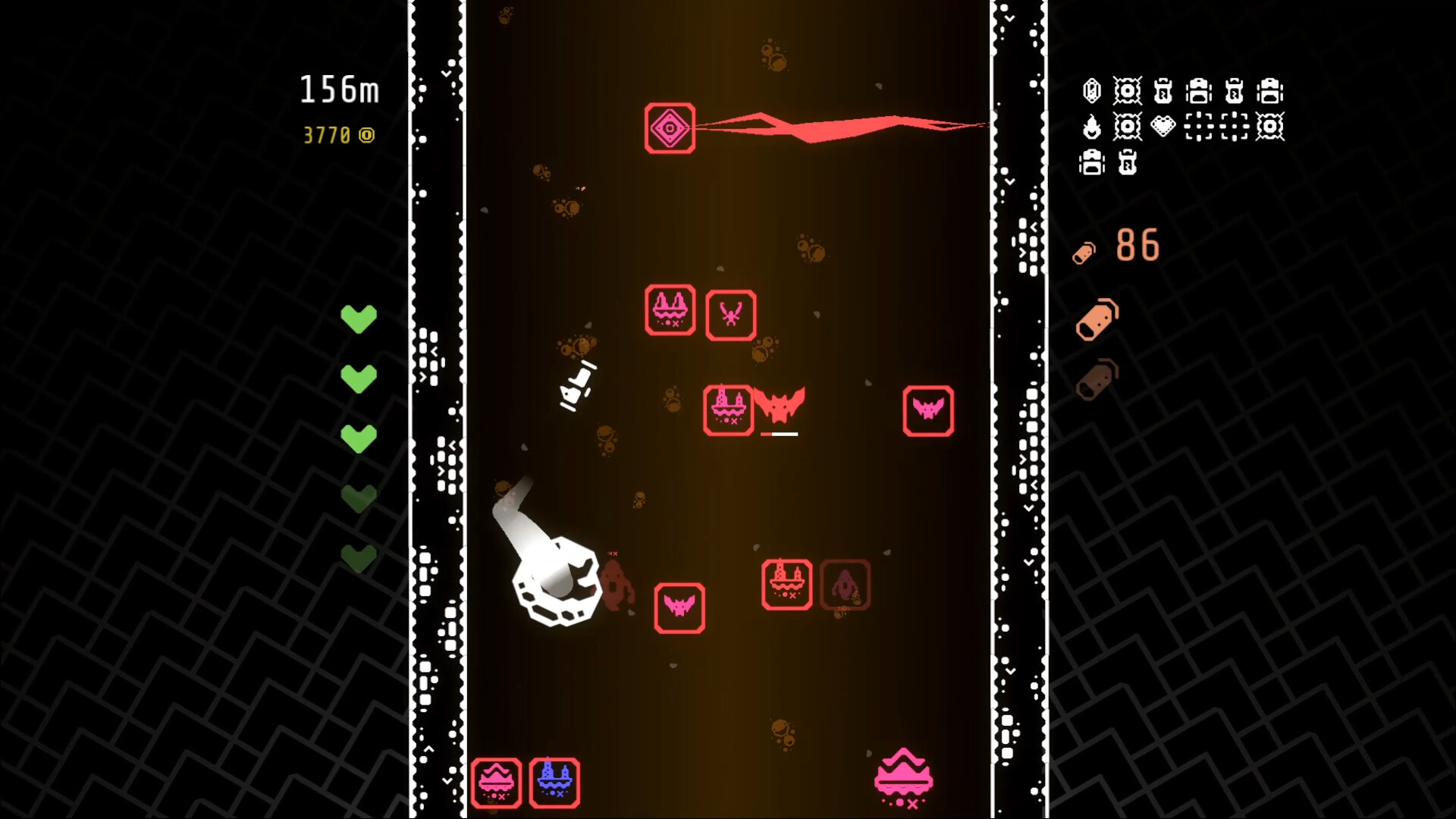 玩家在充滿敵人的關卡中奮力向下。