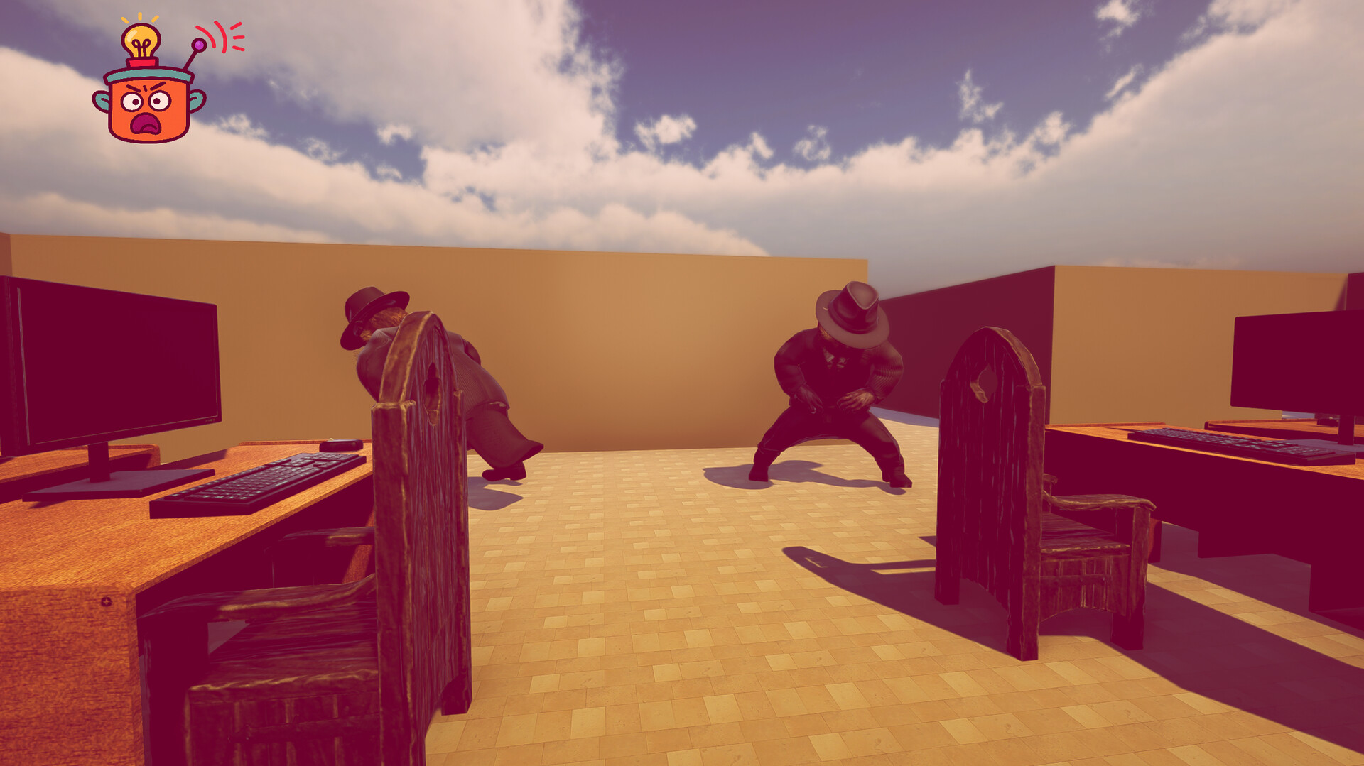 一個辦公室場景，牆上掛著奇特的畫作，桌上擺放著電腦與盆栽，氛圍看似正常卻又透露出一絲詭異。