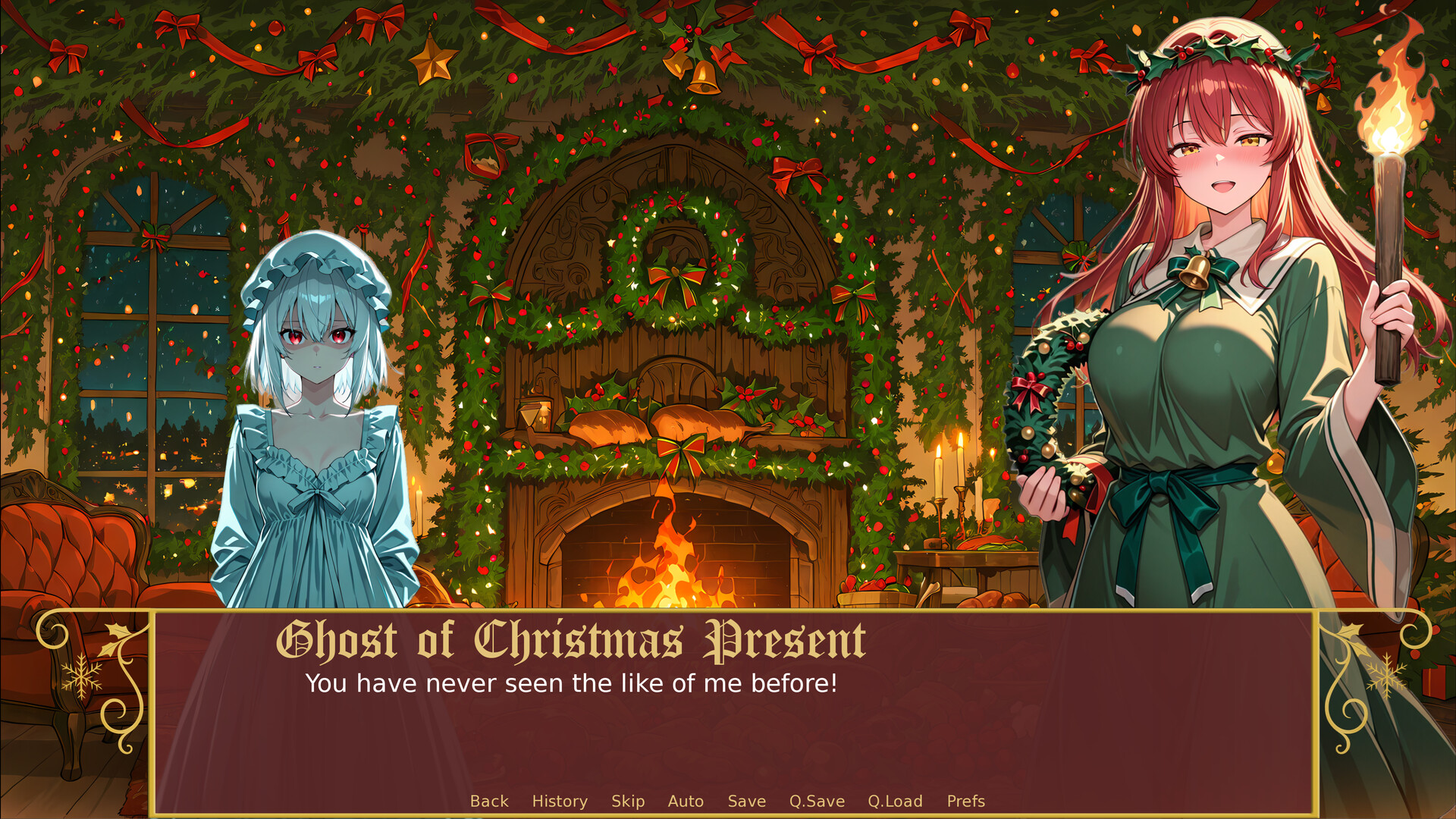 主角與現在的聖誕精靈的動漫女孩形象,背景是豐盛的聖誕大餐。