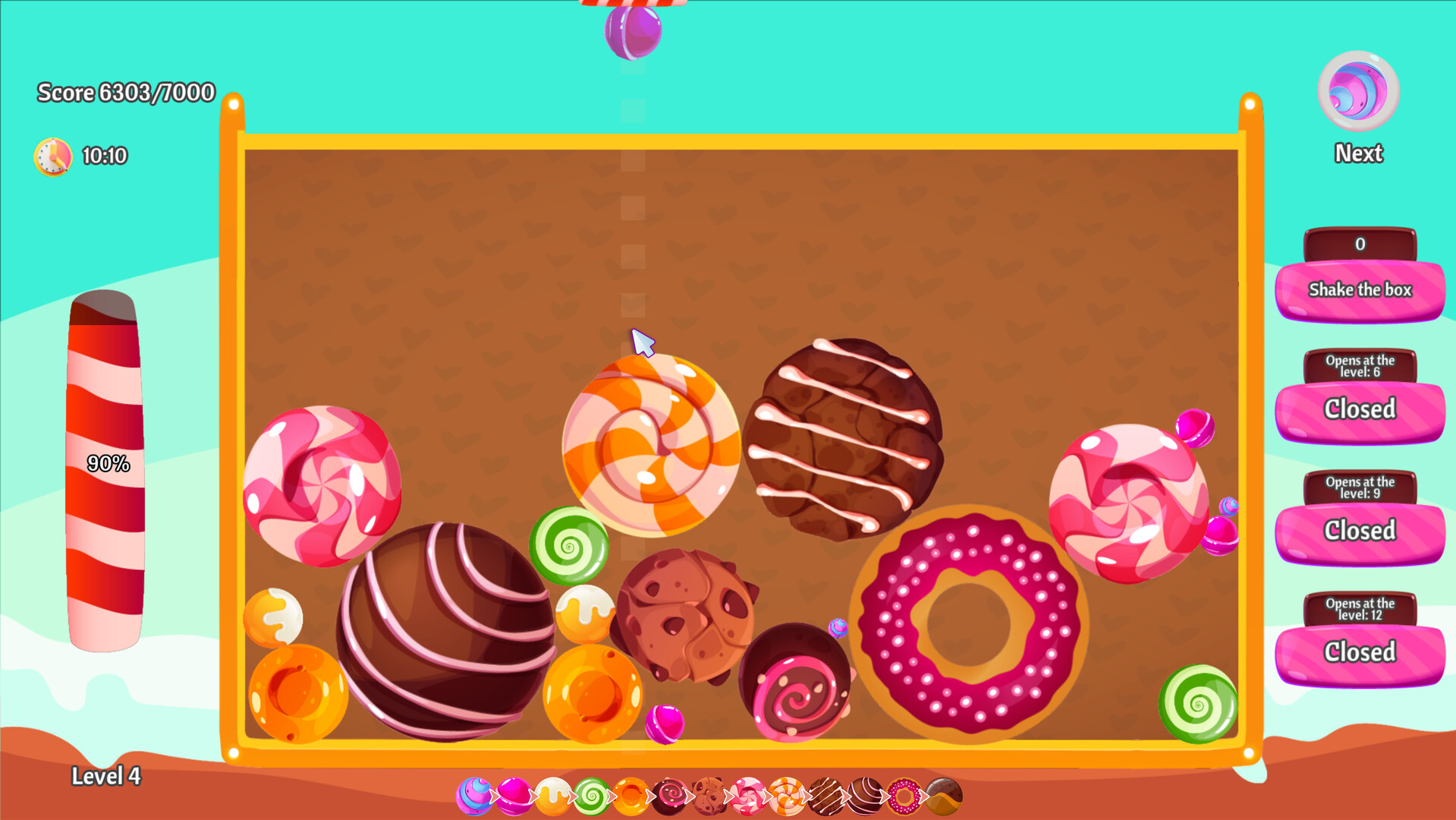 遊戲結束畫面，顯示了最終得分和滿滿一盒的糖果。