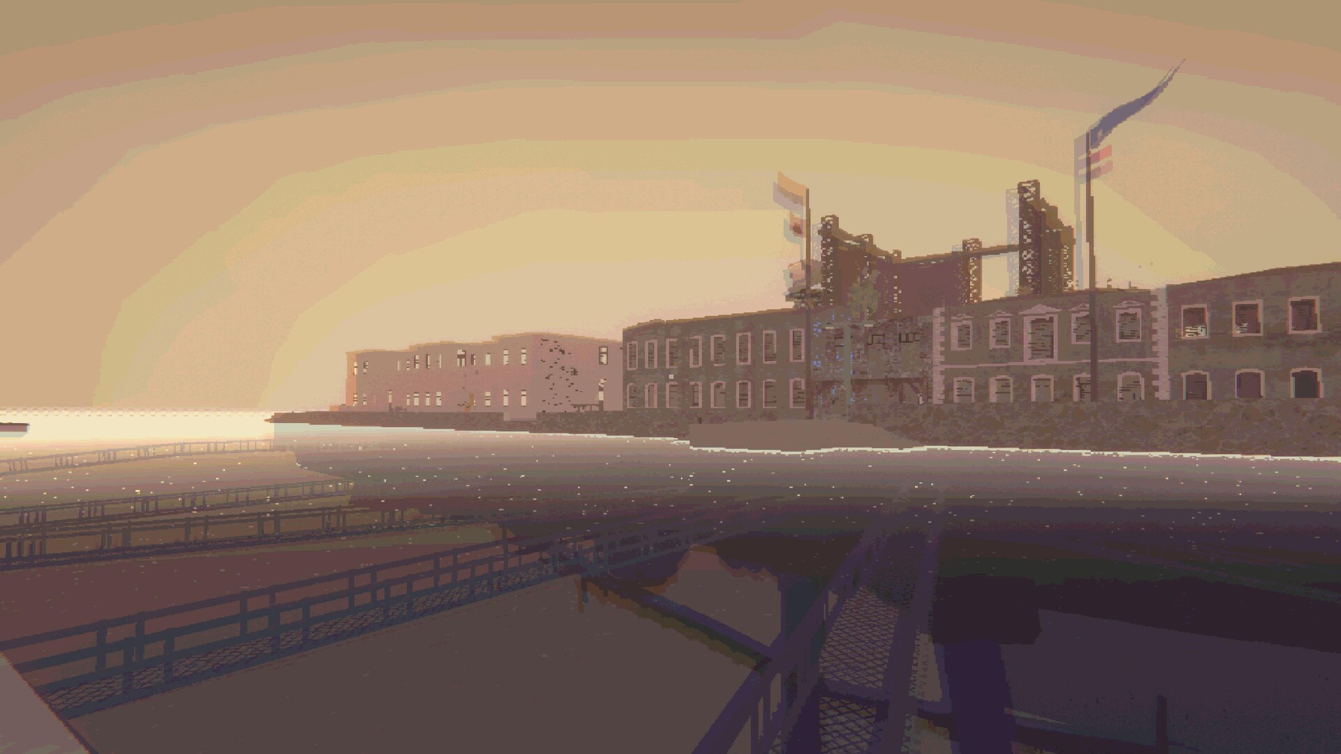 一個戶外場景，有著獨特的幾何結構建築和植物。