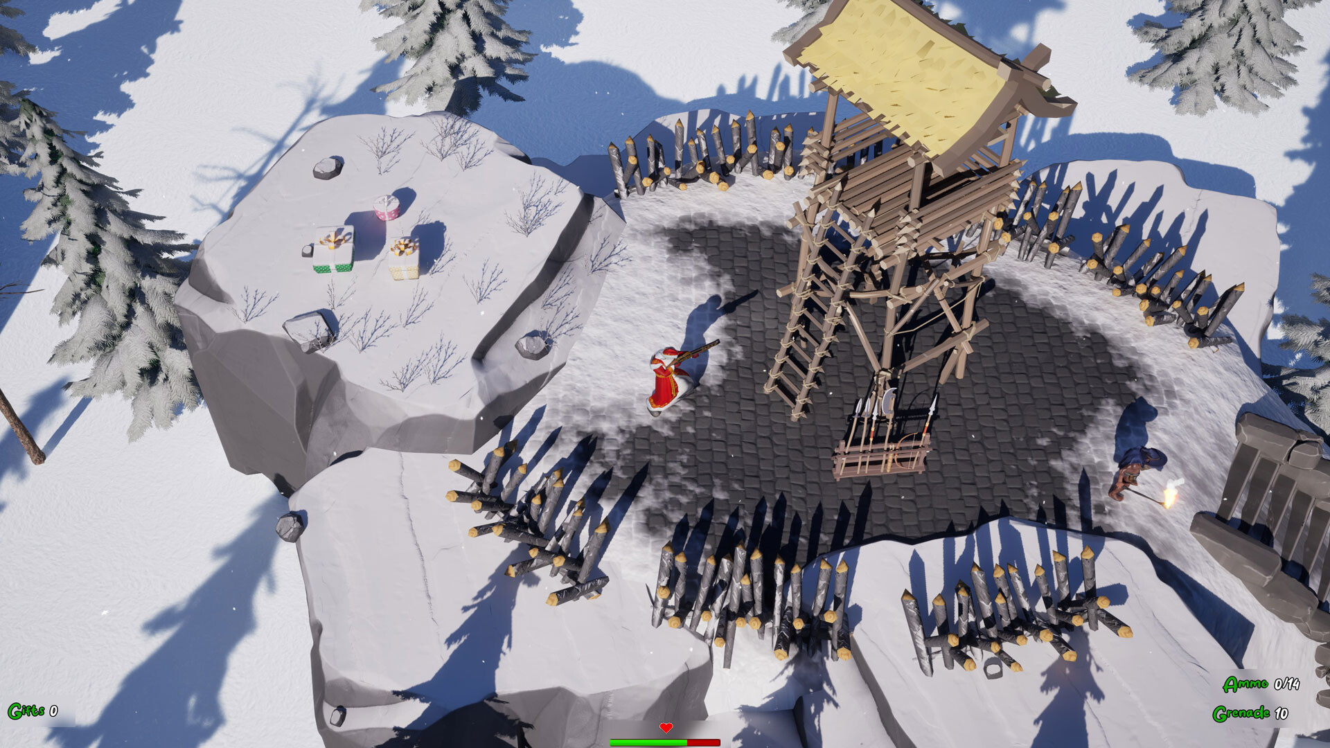 遊戲場景截圖，聖誕老人在充滿節日氣氛的室內場景中準備戰鬥。