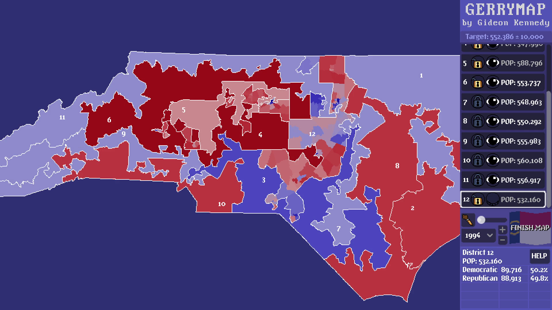 遊戲中不同顏色的區塊代表不同的選民傾向