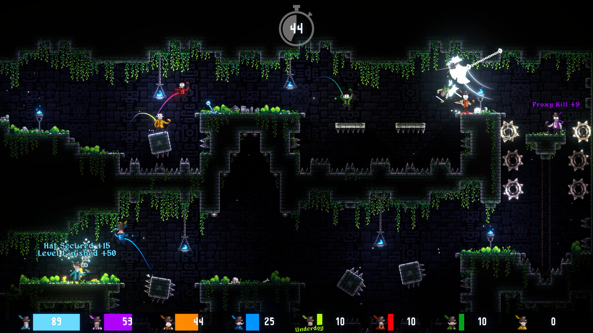 角色們在一個充滿齒輪和岩漿的關卡中跳躍。