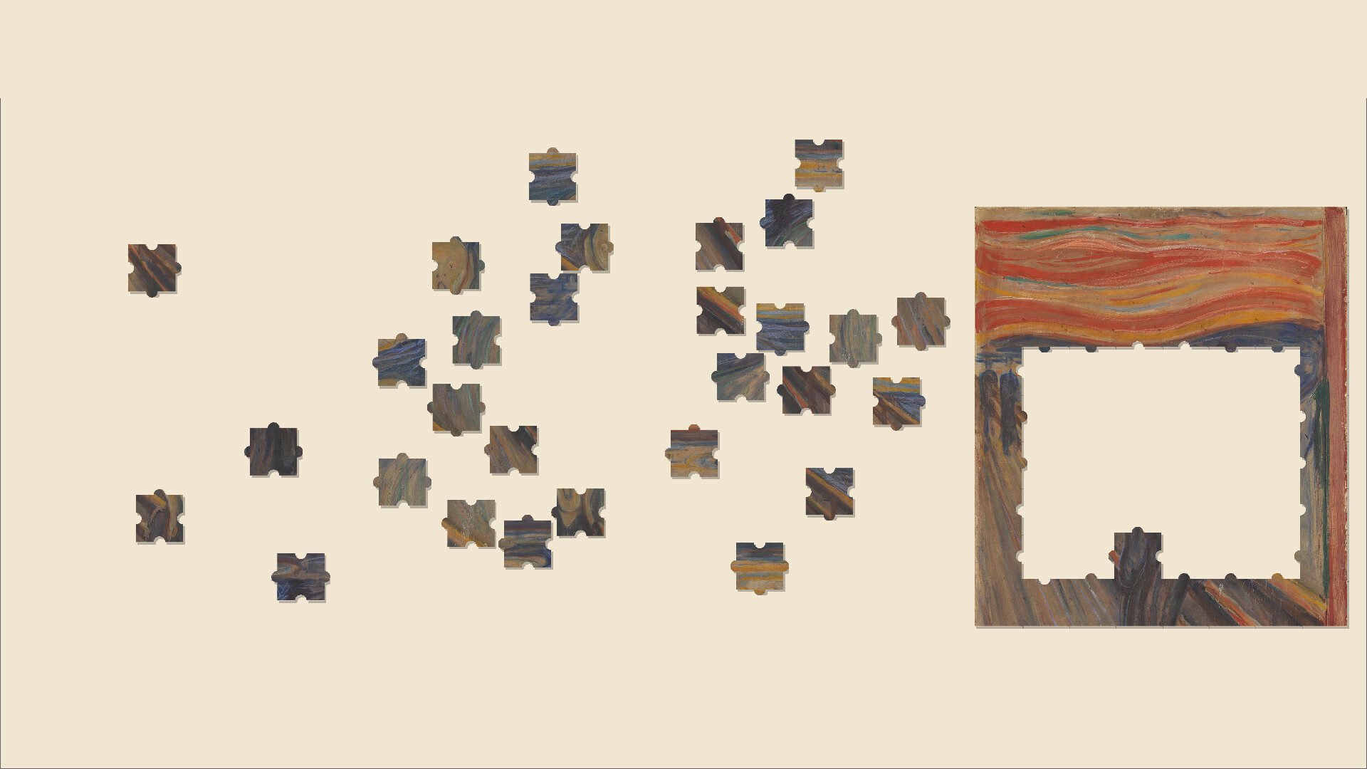 一幅古典風格的畫作正在被拼接，展示了遊戲的藝術主題。