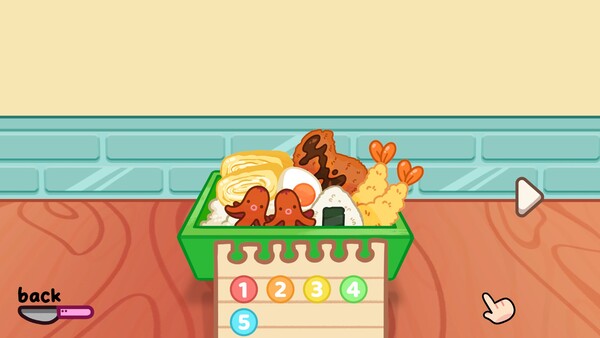 遊戲完成關卡後的畫面，所有食物整齊地擺放在便當盒中。